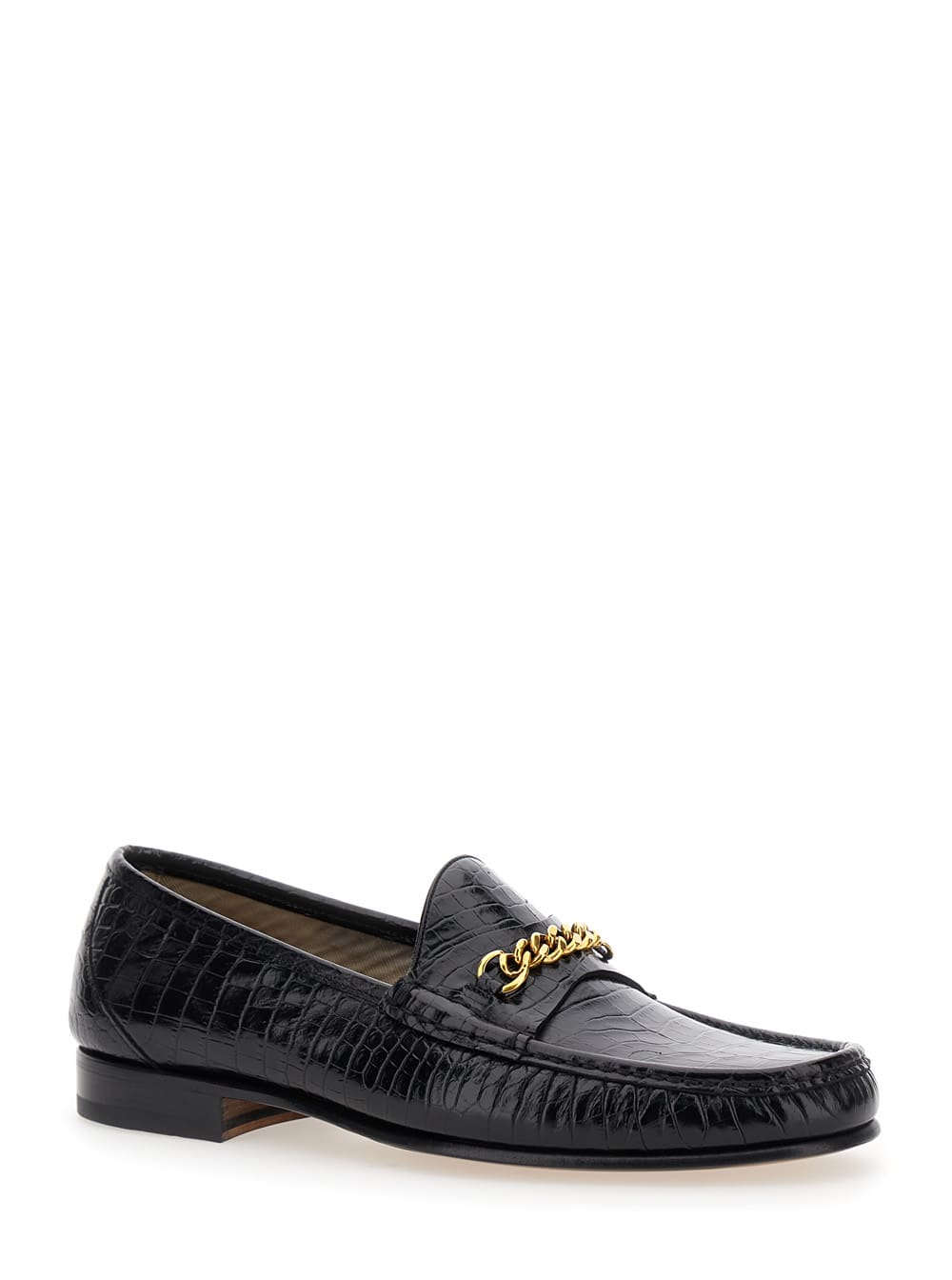 Shop Tom Ford Black Slip-on Loafers With Chain Detail In Croco Effect Leather Man