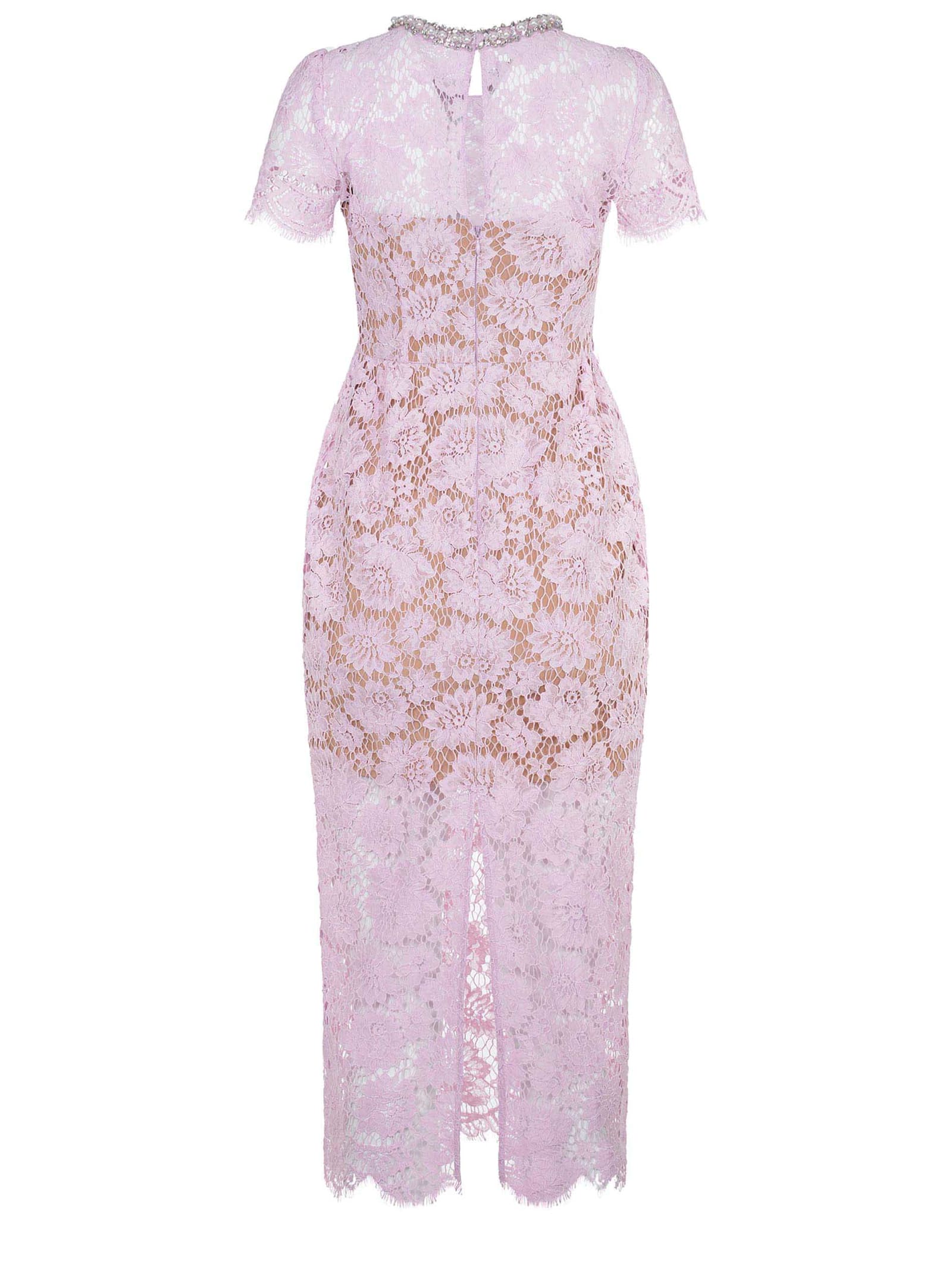 Self-portrait Pink Crewneck Midi Dress With All-over Lace Embroidery And Jewel Embellishment On The Collar In Pink