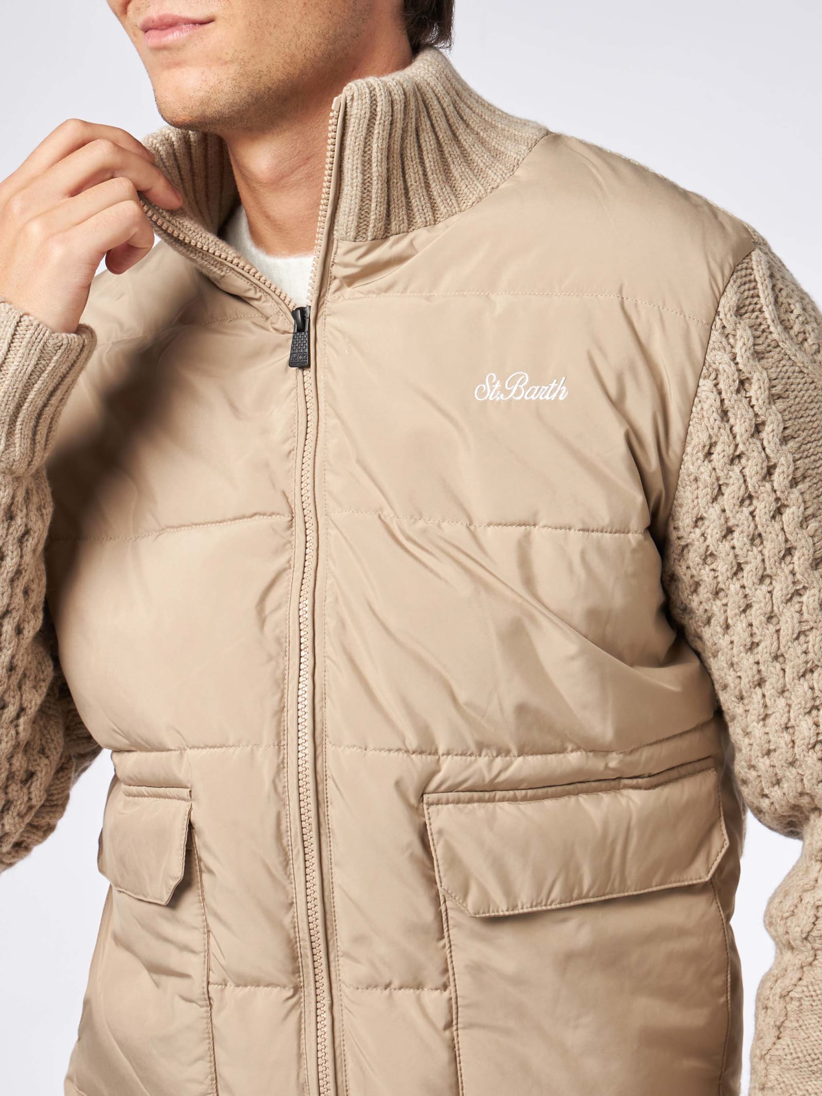 Shop Mc2 Saint Barth Man Beige Padded Jacket With Knitted Braided Sleeves In White