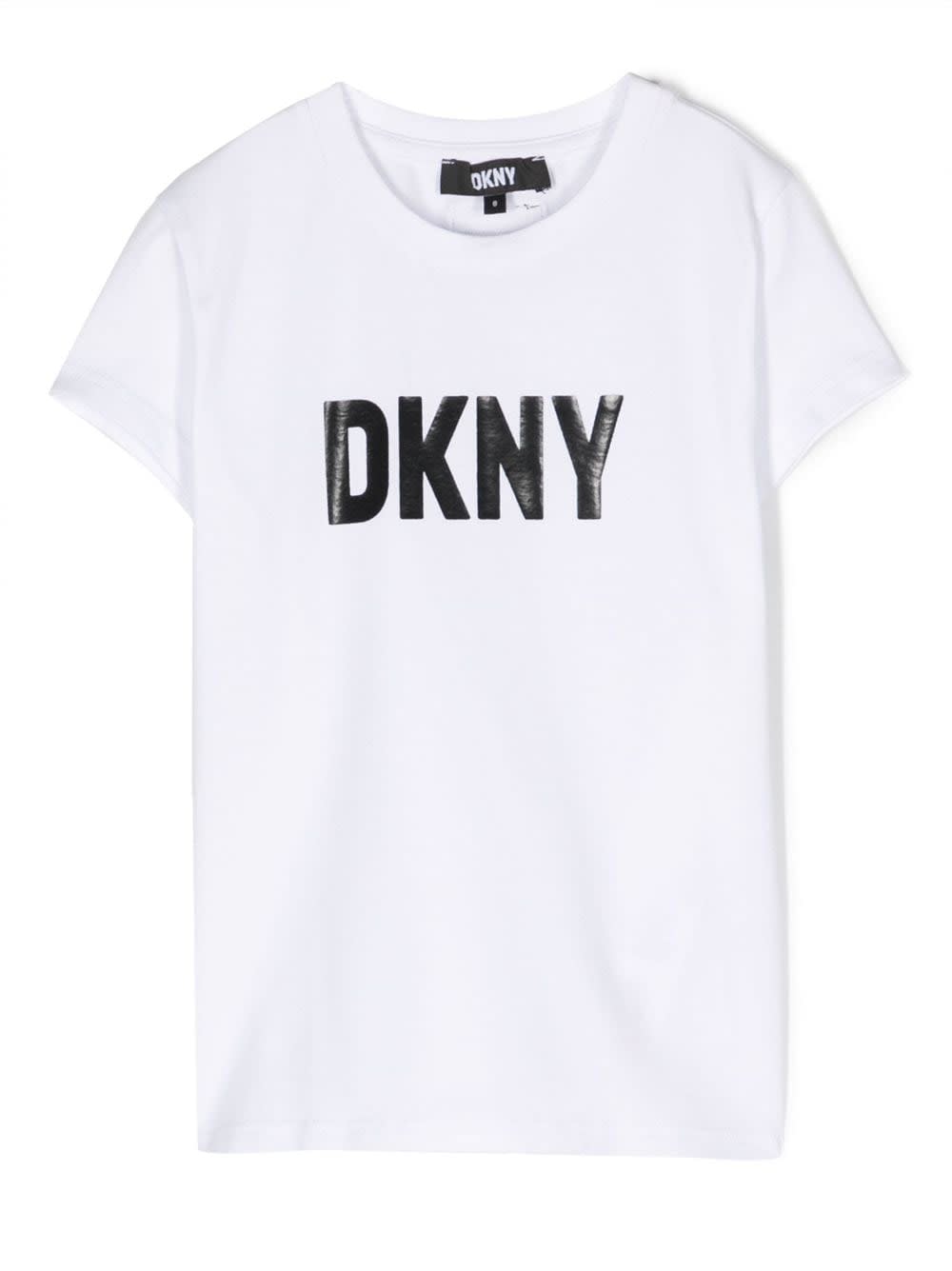 Dkny T-shirt Bianca In Jersey Di Cotone Bambino