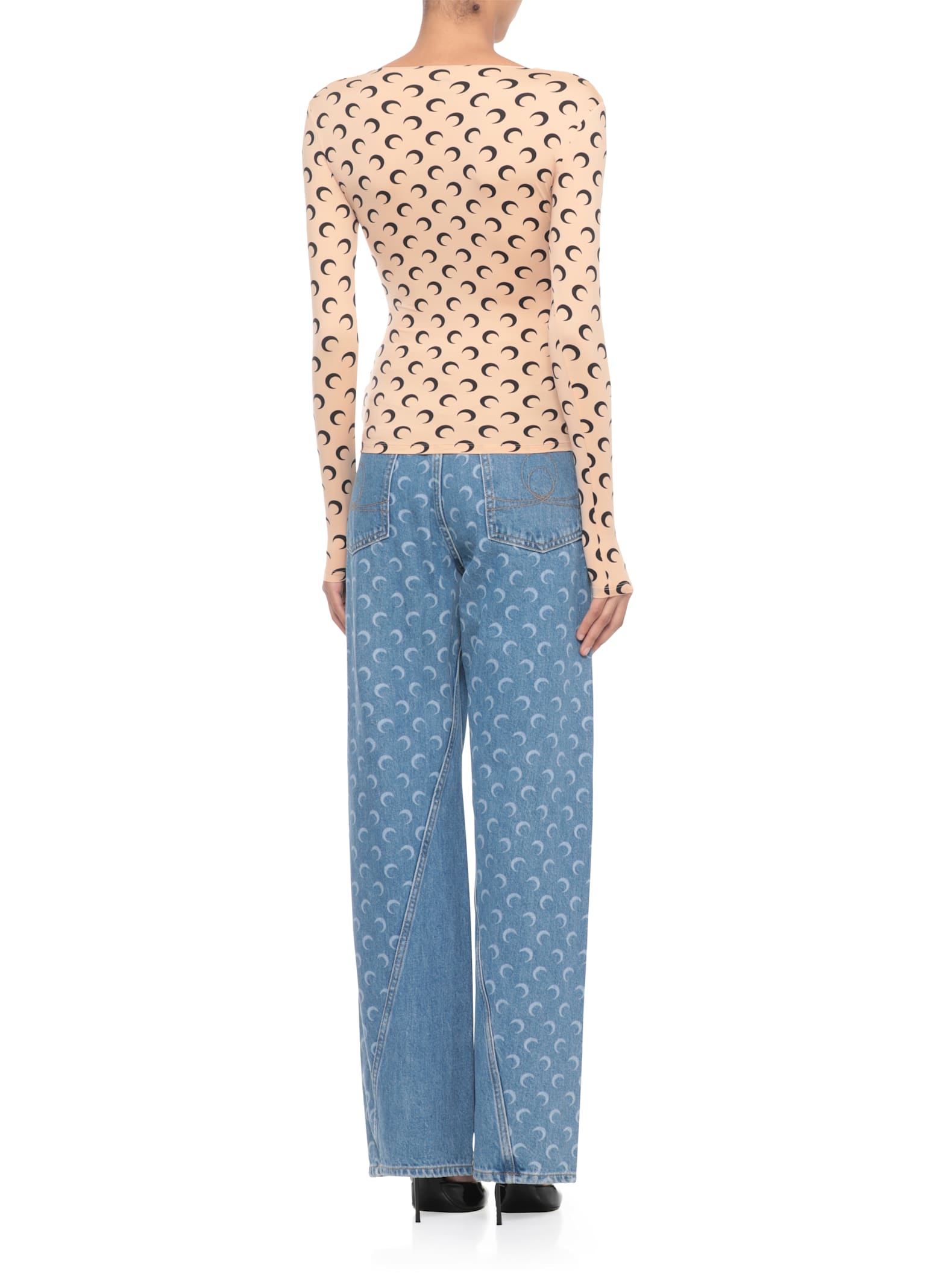 Marine Serre Moon Printed Jersey Ls Squareneck Top In Pink