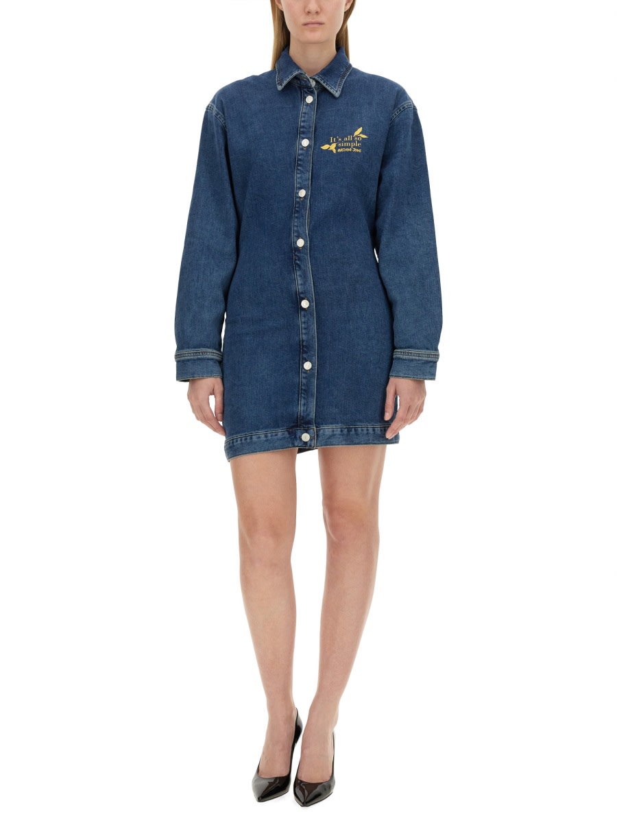 Moschino Denim Dress With Long Sleeves And Point Collar In Blue