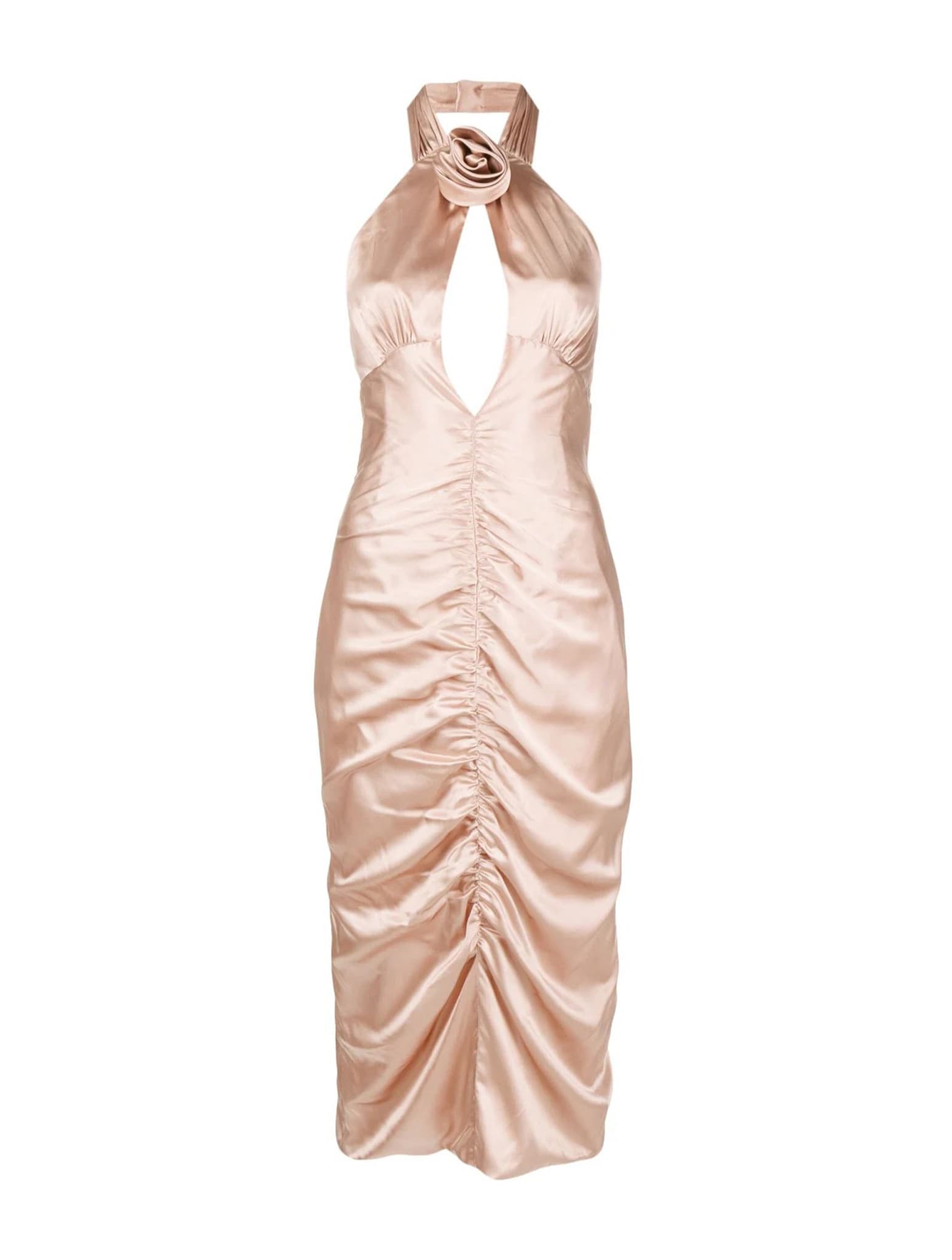 ALESSANDRA RICH SILK SATIN RUCHED DRESS WITH ROSE DETAIL