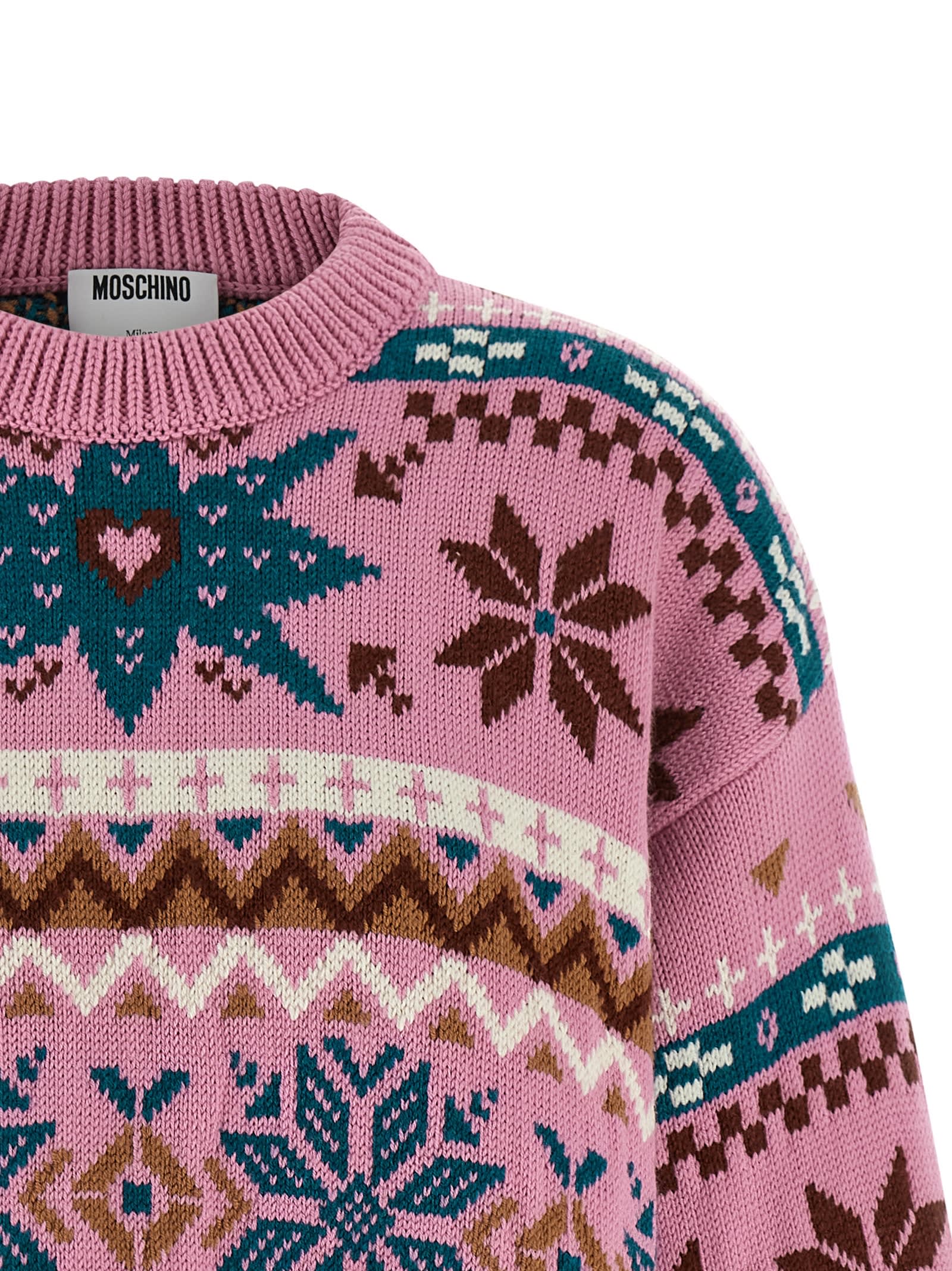 Moschino Wool Sweater With Intarsia Design And Crew Neck In Purple
