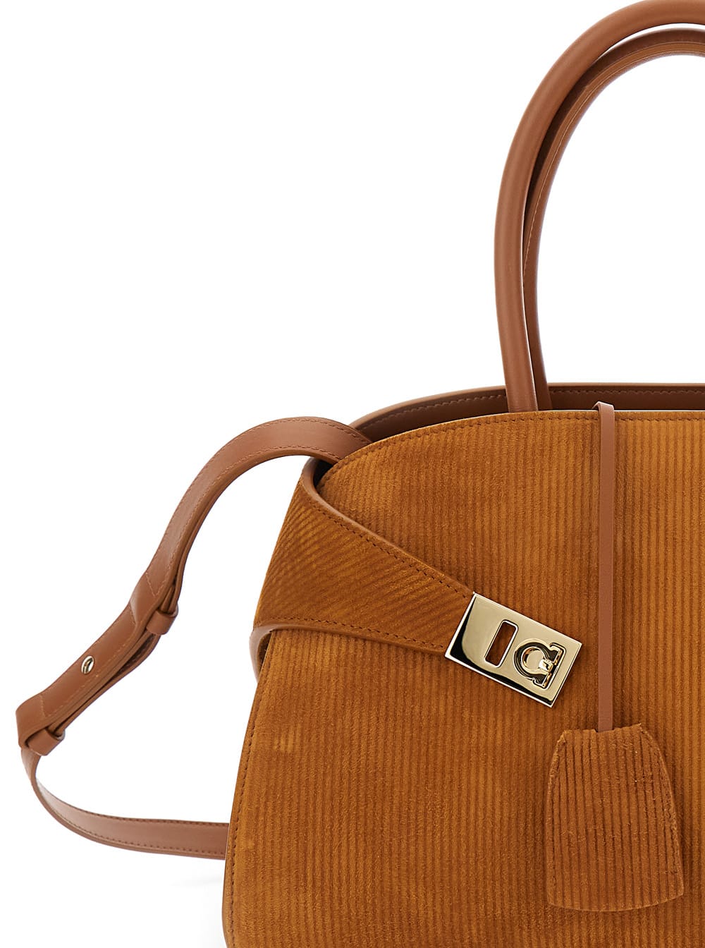 Ferragamo Hug Grainy Small Embellished Leather-trimmed Ribbed Suede Tote In Brown