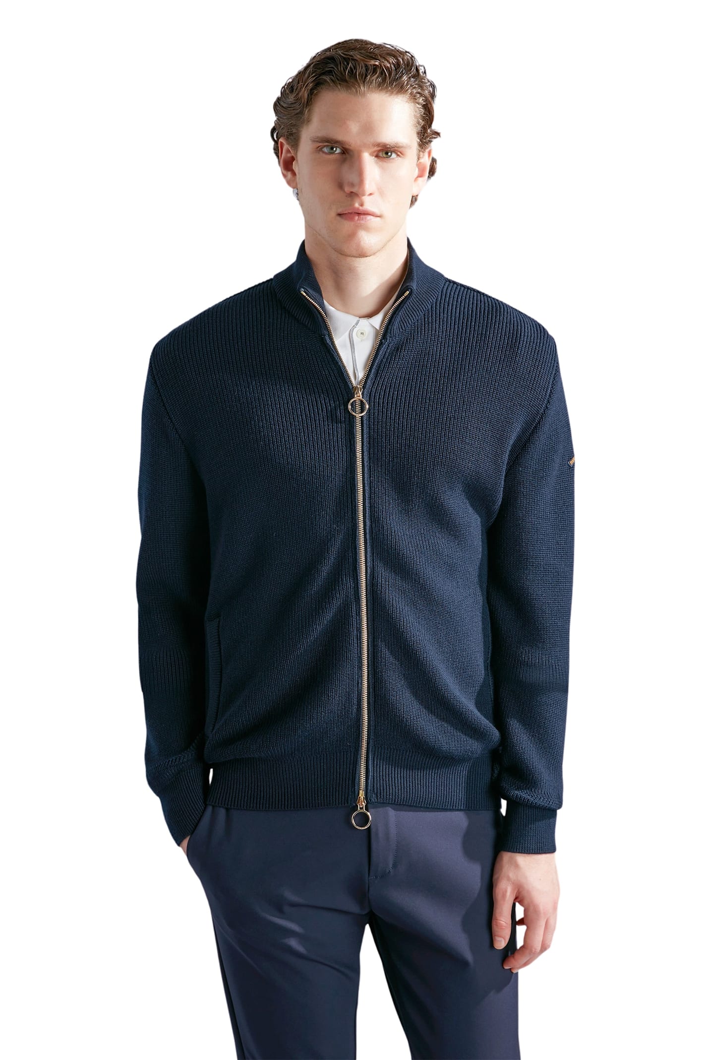 Shop Paul&amp;shark Full Zip Sweater With Moon Badge In Blue