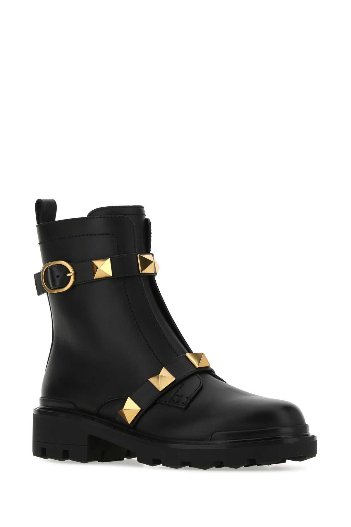 Shop Valentino Black Leather Roman Stud Ankle Boots In 0no
