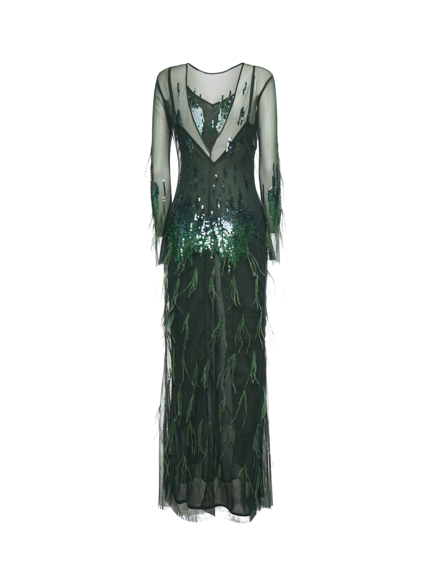 Pinko Dress With Sequins And Feathers In Green