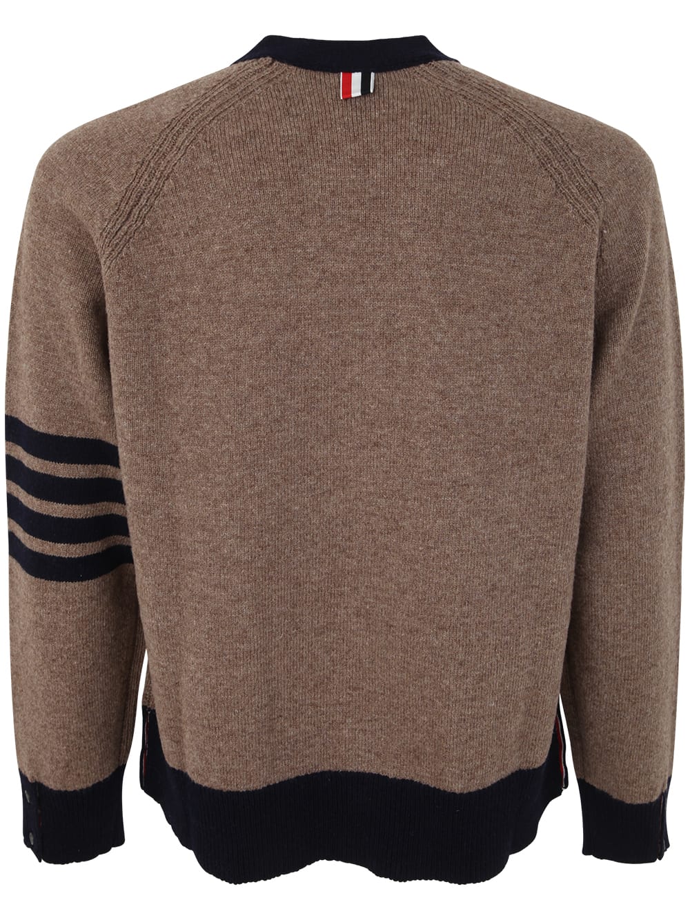 Shop Thom Browne Jersey Stitch Raglan Sleeve Relaxed V Neck Cardigan In Shetland Wool With 4 Bar Stripe In Med Brown
