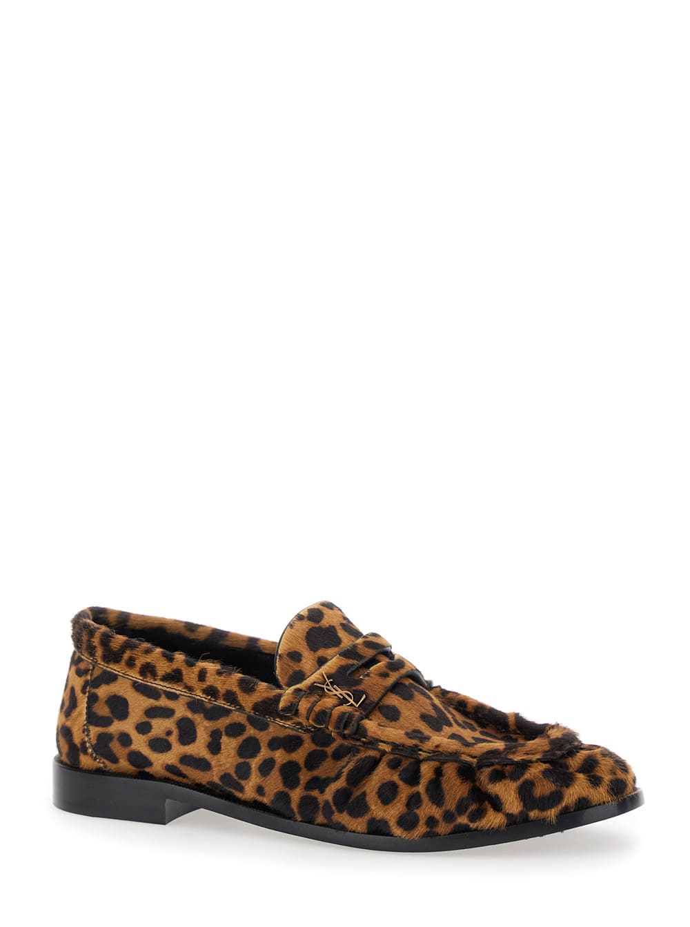 Saint Laurent Brown Loafers With Cassandre Logo And Leopard Motif In Fabric Woman