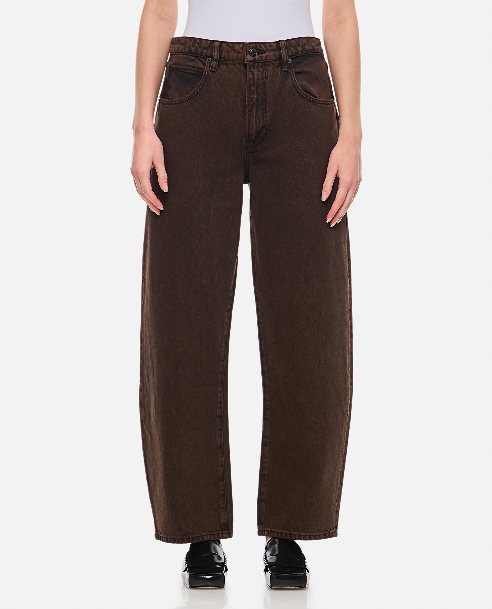 Shop Frame Long Barrel Denim Pants In Brown