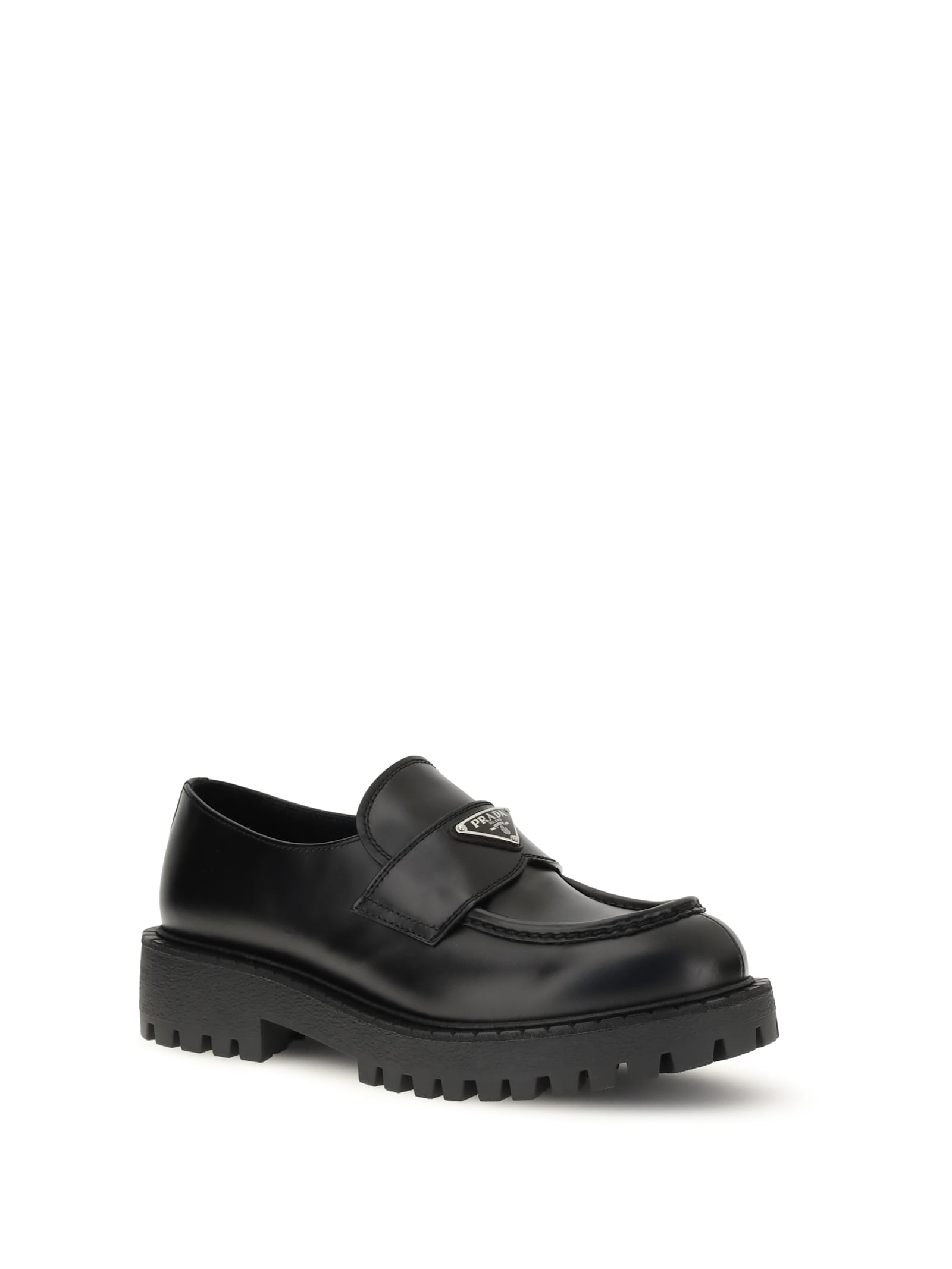 Prada Polished Black Leather Loafers With Chunky Rubber Sole In Black