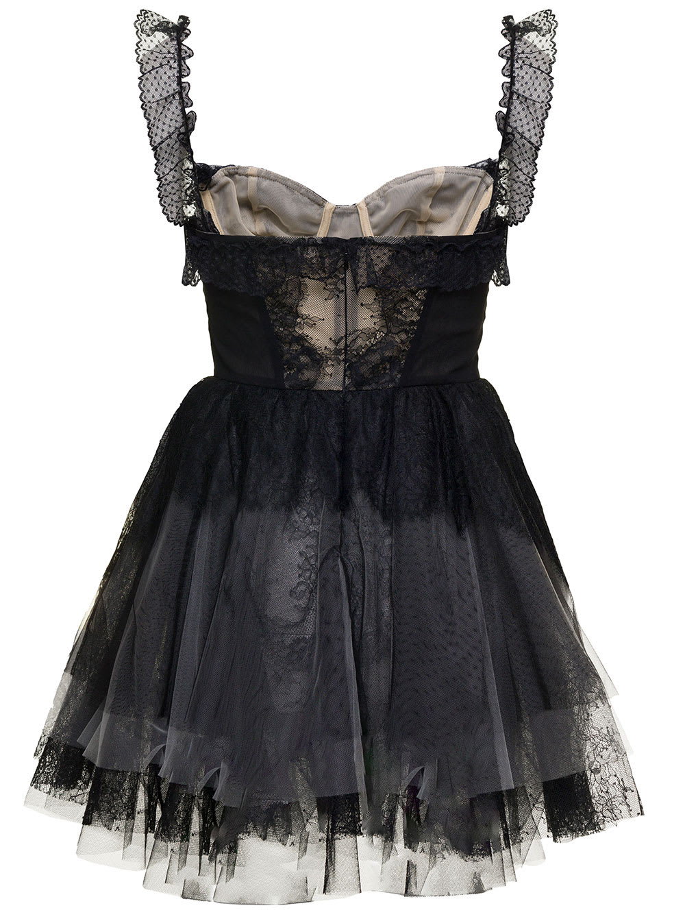 Shop Philosophy Di Lorenzo Serafini Mini Black Flounced Dress With Bow Detail In Lace And Tulle Woman