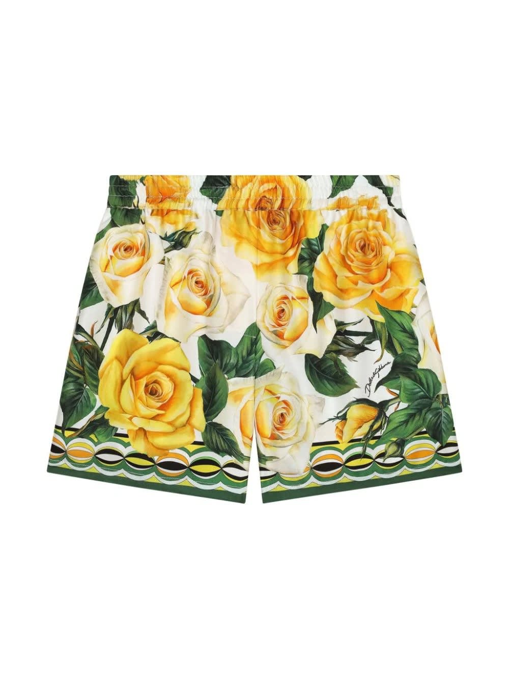 Shop Dolce & Gabbana Twill Shorts With Yellow Rose Print In White