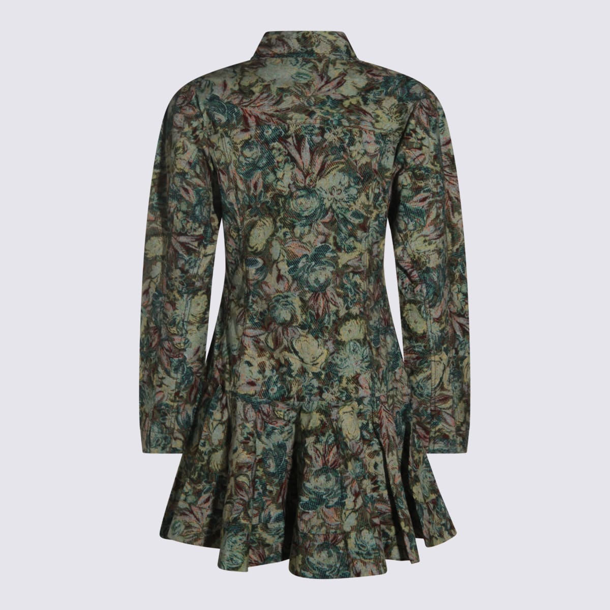 Ganni Floral Long Sleeve Dress With Pleated Skirt In Green