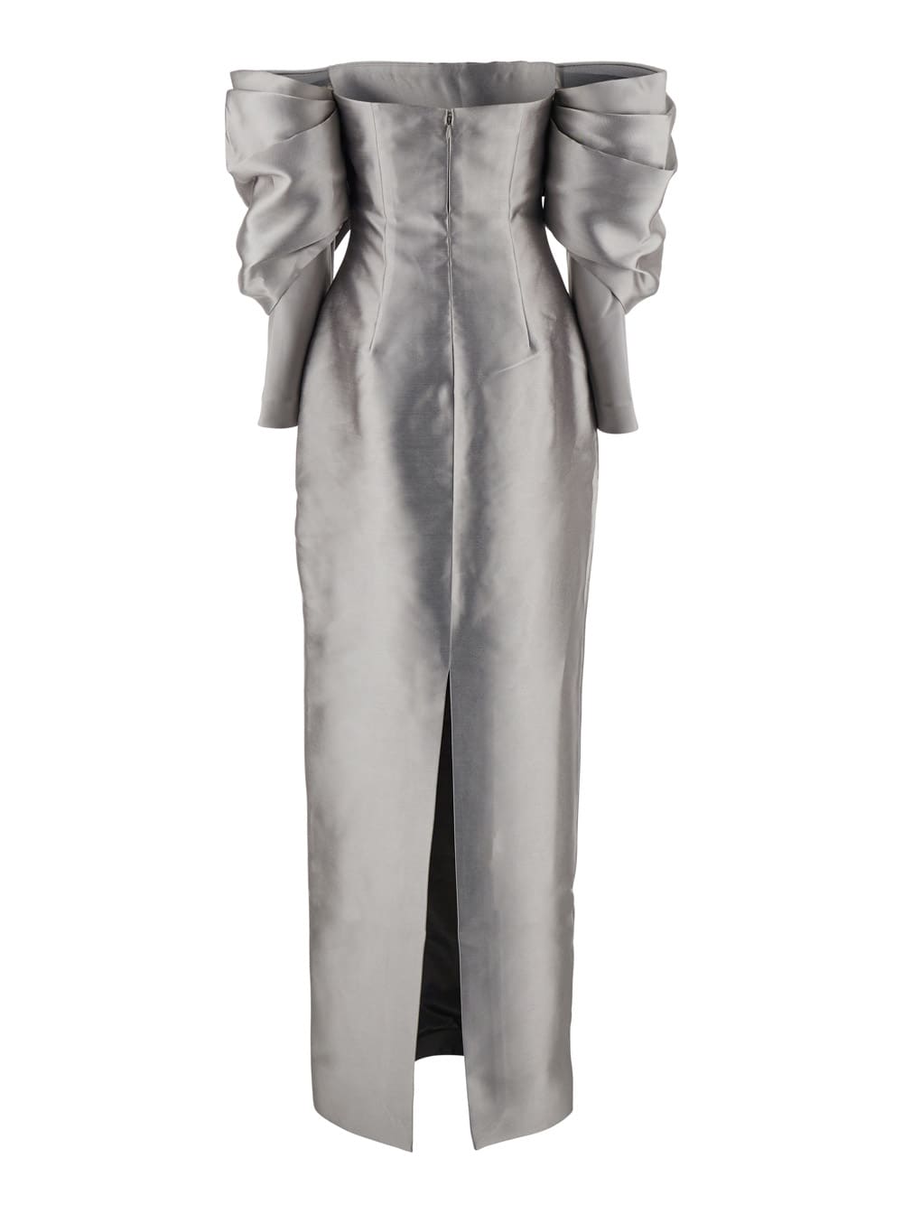 Solace London Laylah Grey Off-shoulder Long Dress With Rear Single Slit In Tech Fabric Woman In Grey