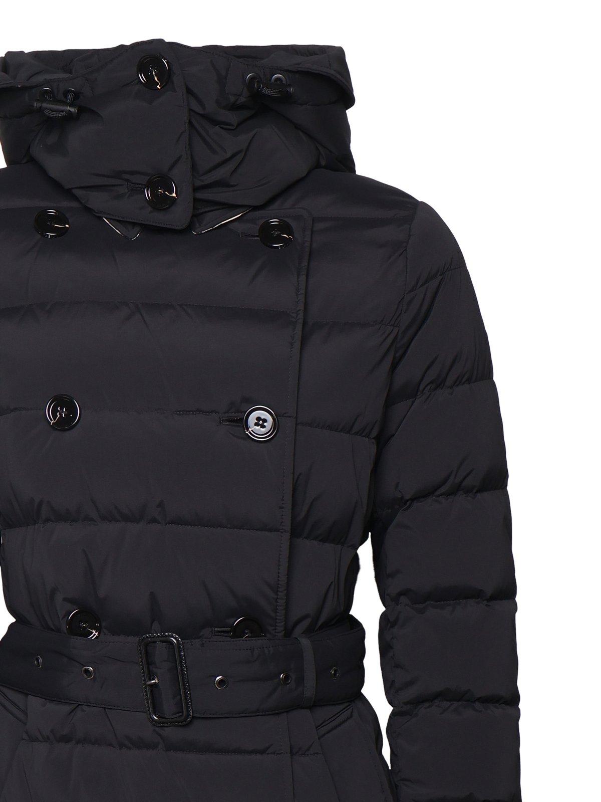 Shop Burberry Double Breasted Hooded Belted Down Coat In Black