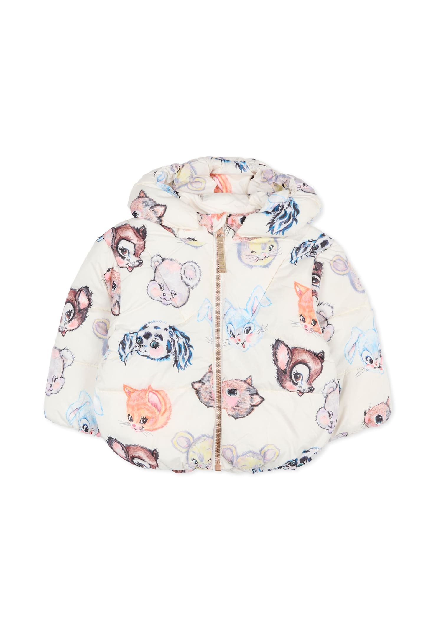 Molo Beige Down Jacket For Baby Girl With Animal Print In Multi