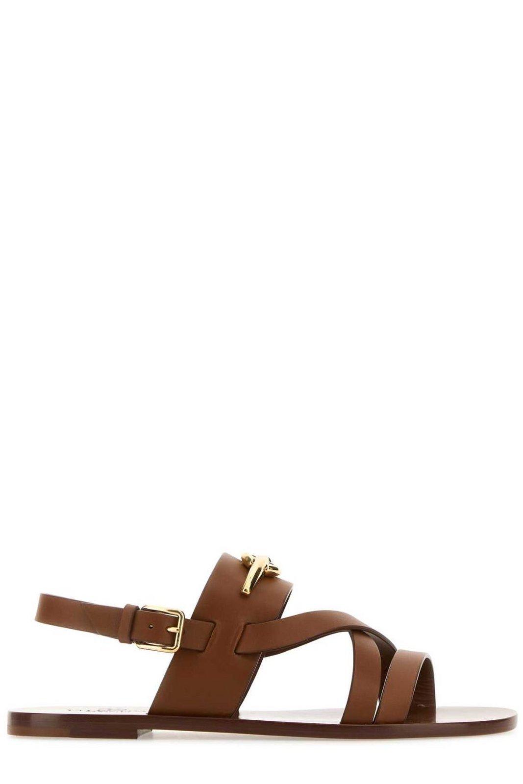 Shop Valentino Logo Plaque Open Toe Sandals In Brown