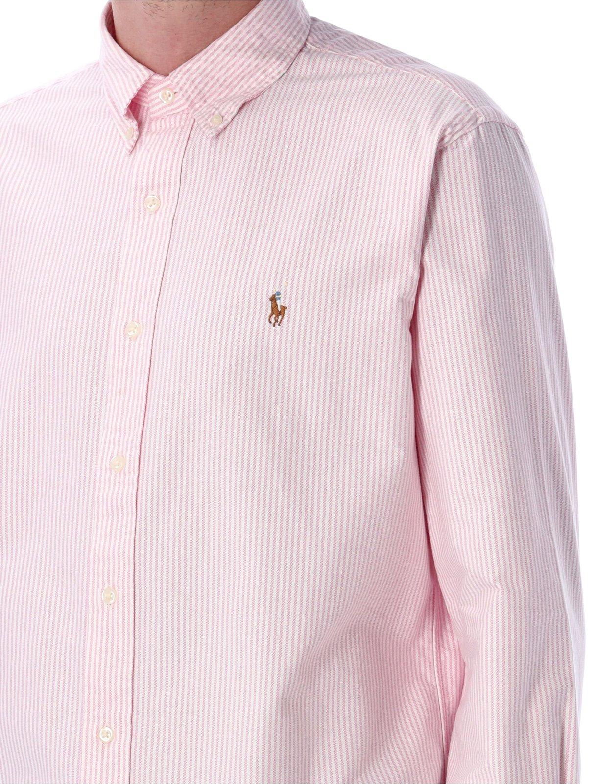 Polo Ralph Lauren Camicia In Lino A Righe Custom-fit In Pink