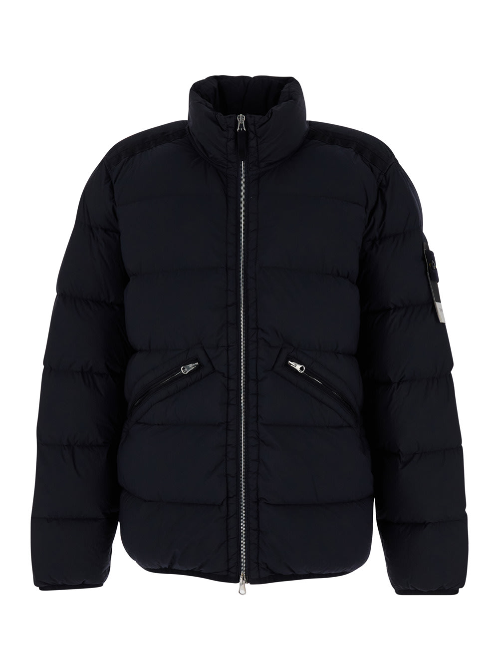 Shop Stone Island Blue High Neck Down Jacket With Zip And Logo Patch In Polyamide Man