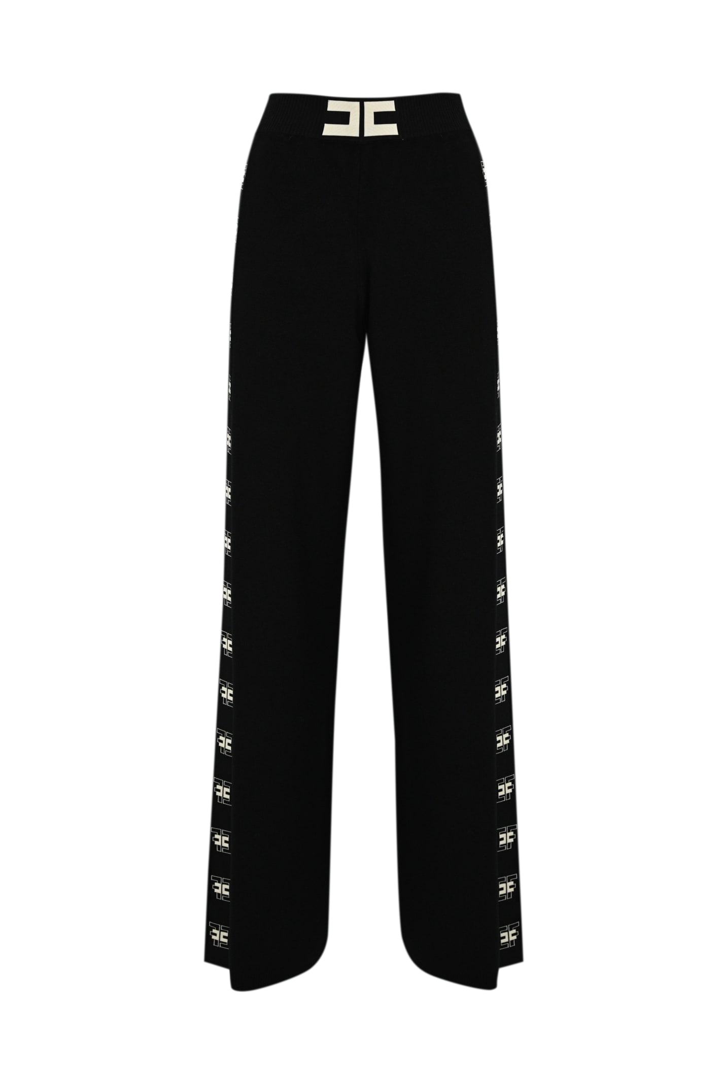 Elisabetta Franchi Viscose Knit Palazzo Trousers With Logo In Nero