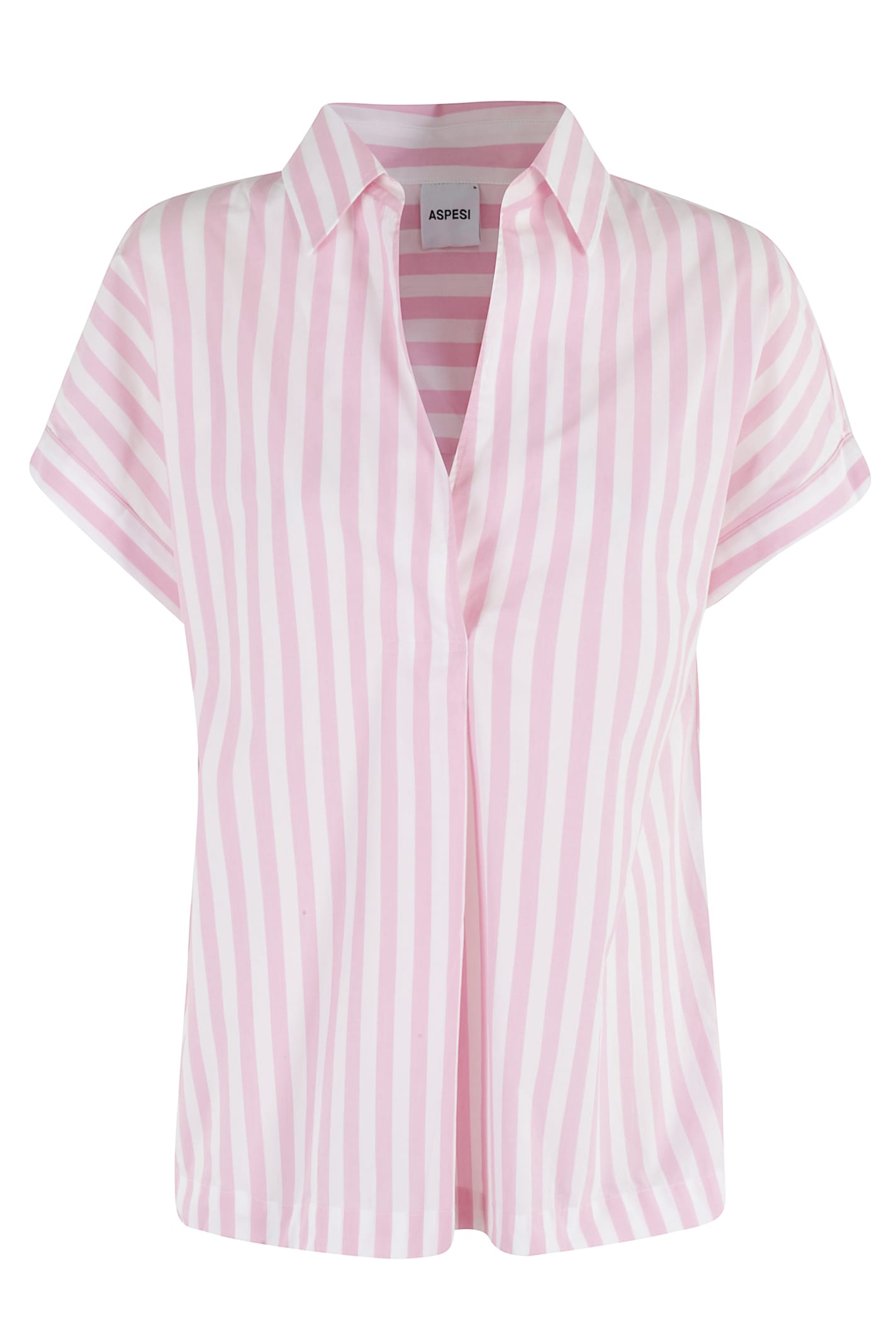 Aspesi Striped Poplin Top With Polo Collar And Side Slits In Riga Rosa