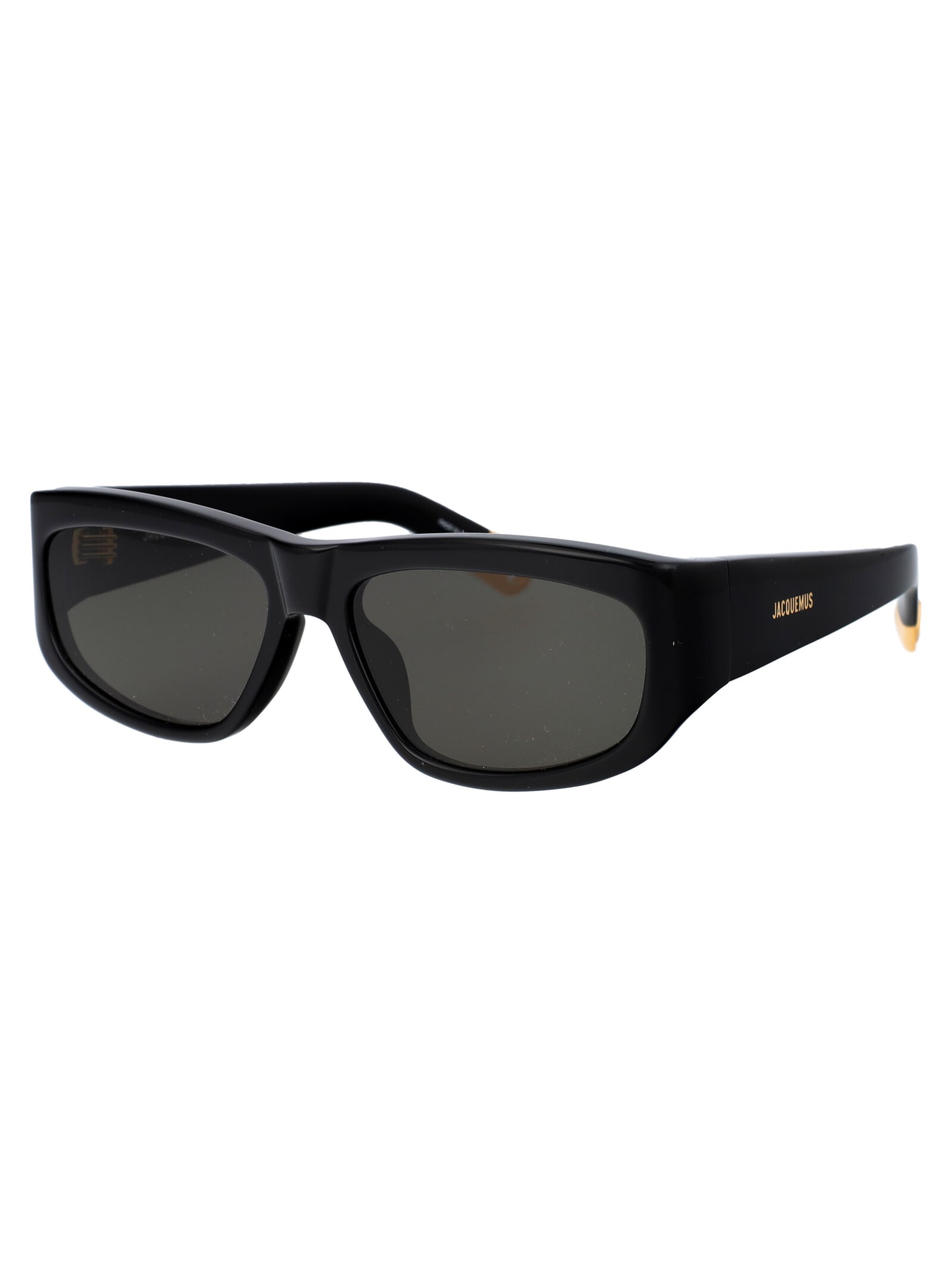 Shop Jacquemus Pilota Sunglasses In 01 Black/ Yellow Gold/ Grey