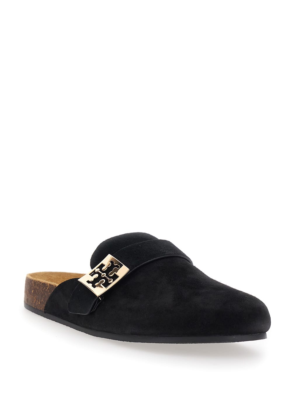 Tory Burch Mellow Black Slip-on Mule With Metallic Logo Buckle In Suede Woman