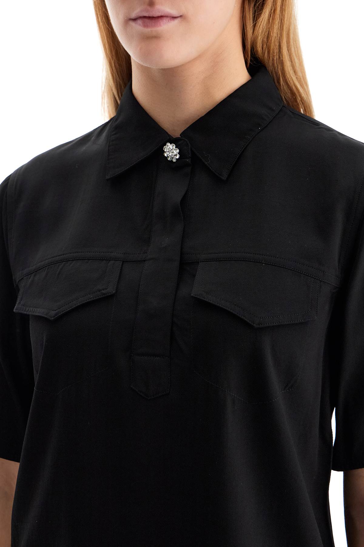 Ganni Short-sleeved Twill Blouse For In Black (black)