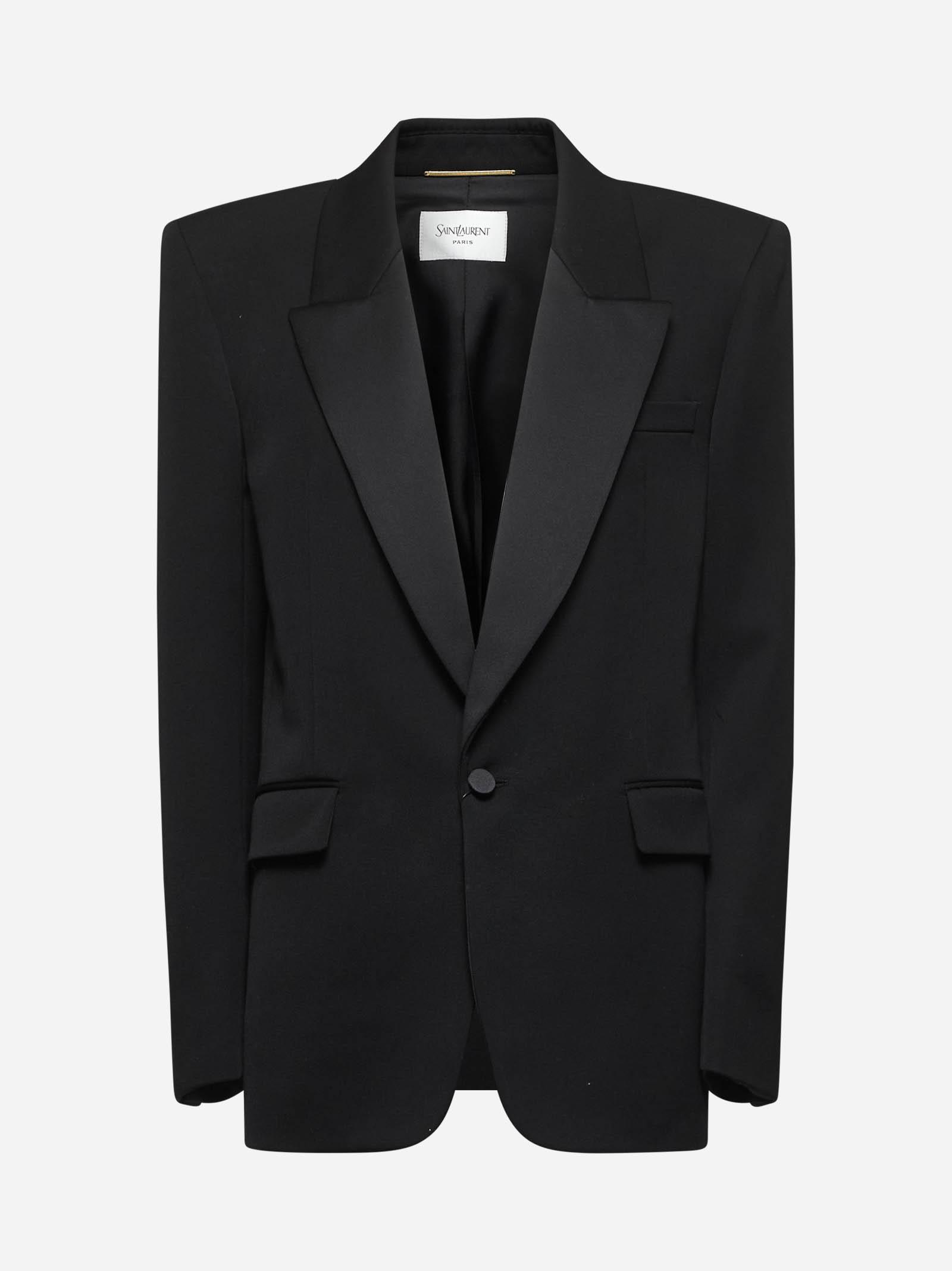 Saint Laurent Black Grain De Poudre Tuxedo Blazer In Blue