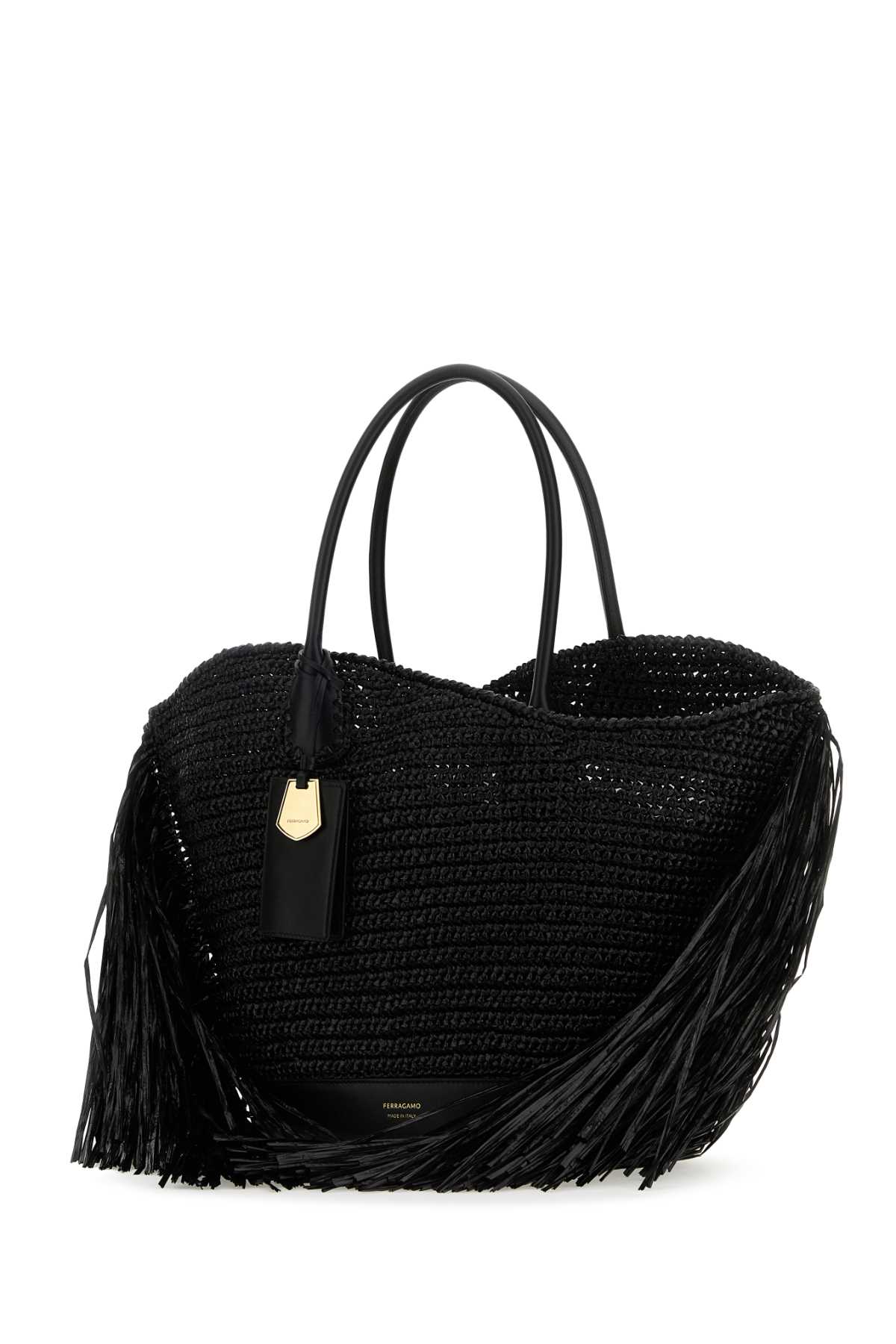 Ferragamo Black Raffia And Leather Big Shopping Bag In Neroneronero