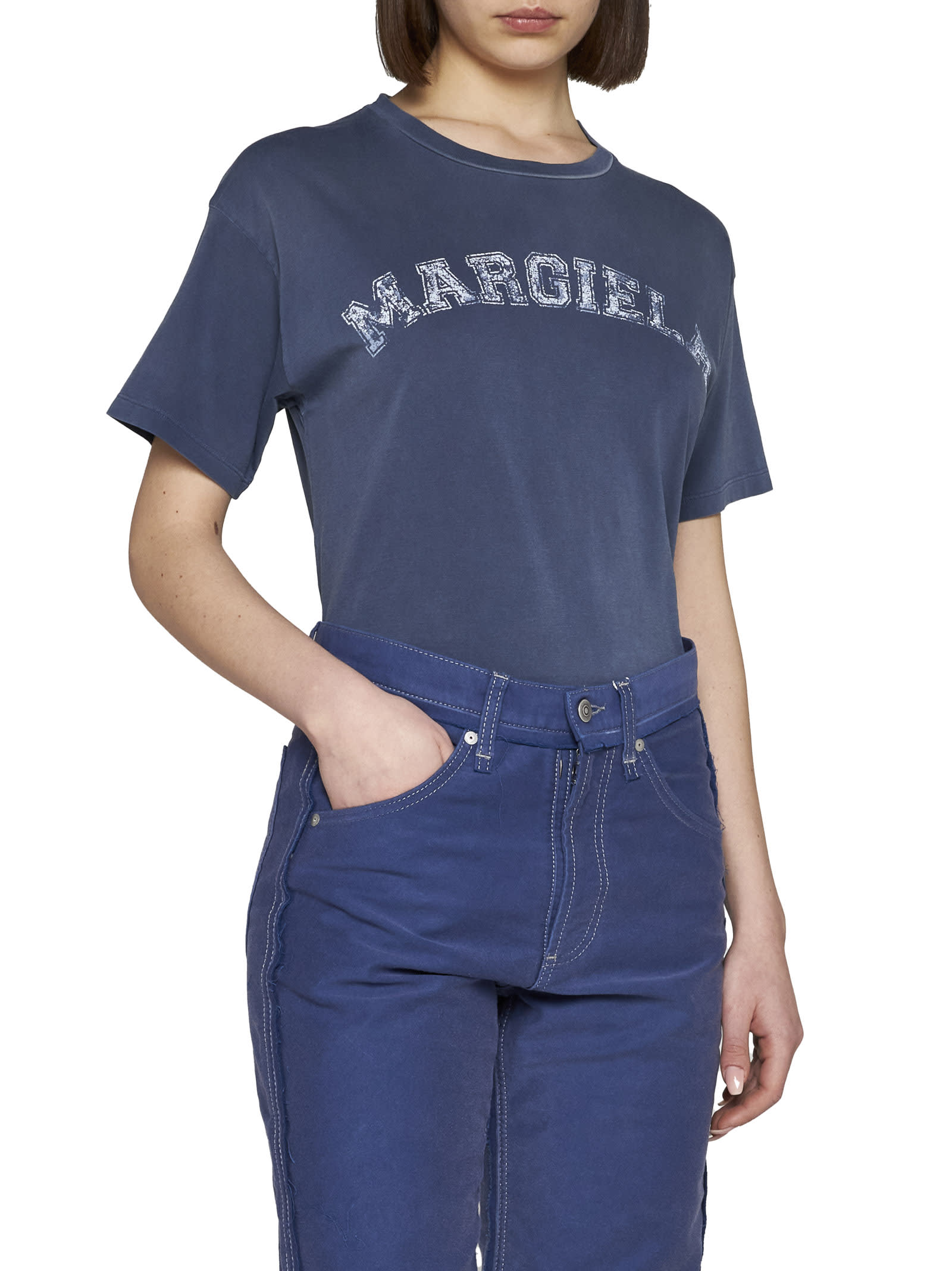 Maison Margiela Blue Crewneck T-shirt With Logo Lettering Print In Cotton Woman In 469
