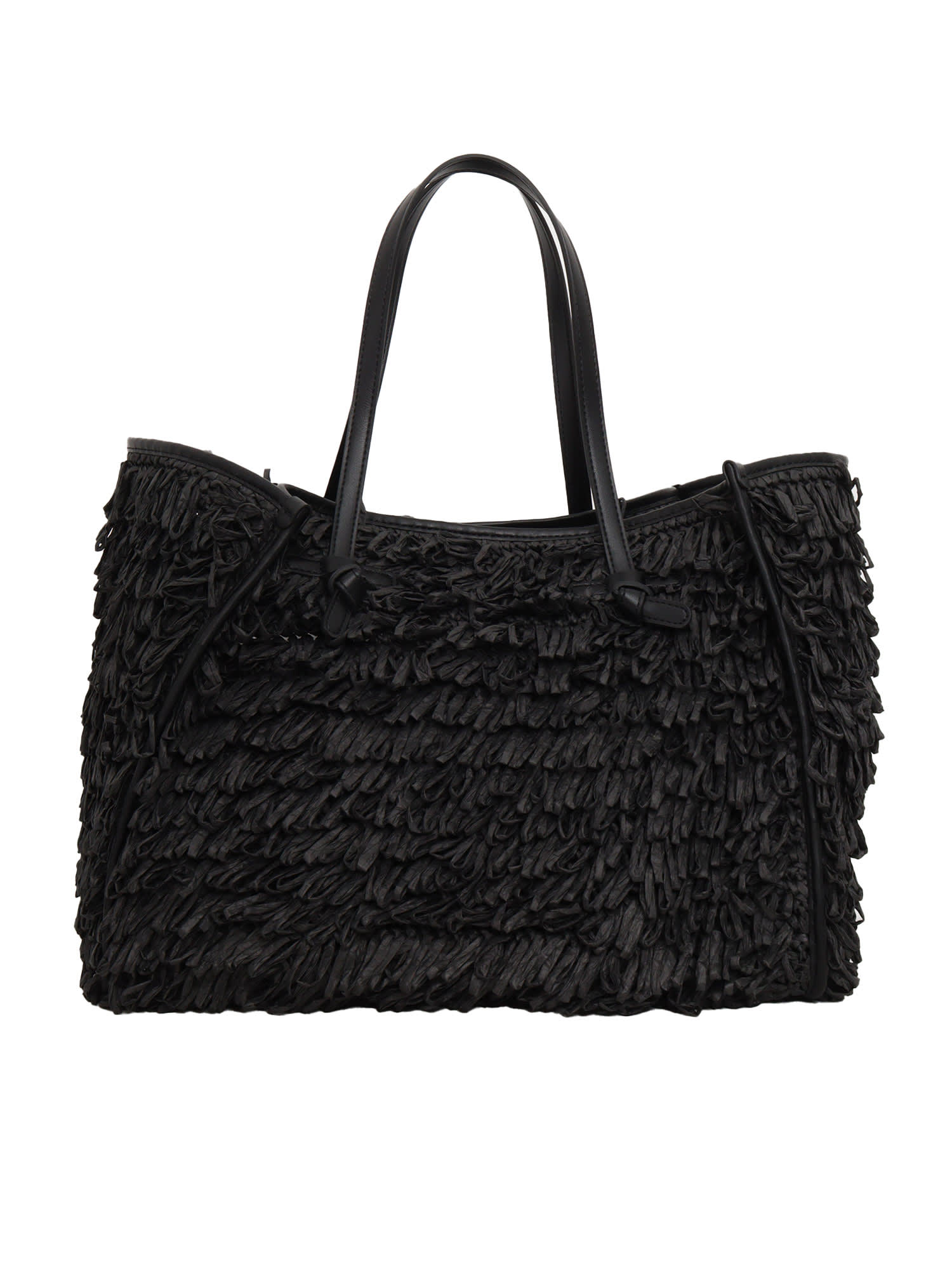 Gianni Chiarini Fringe-design Raffia Tote With Leather Handles In Black