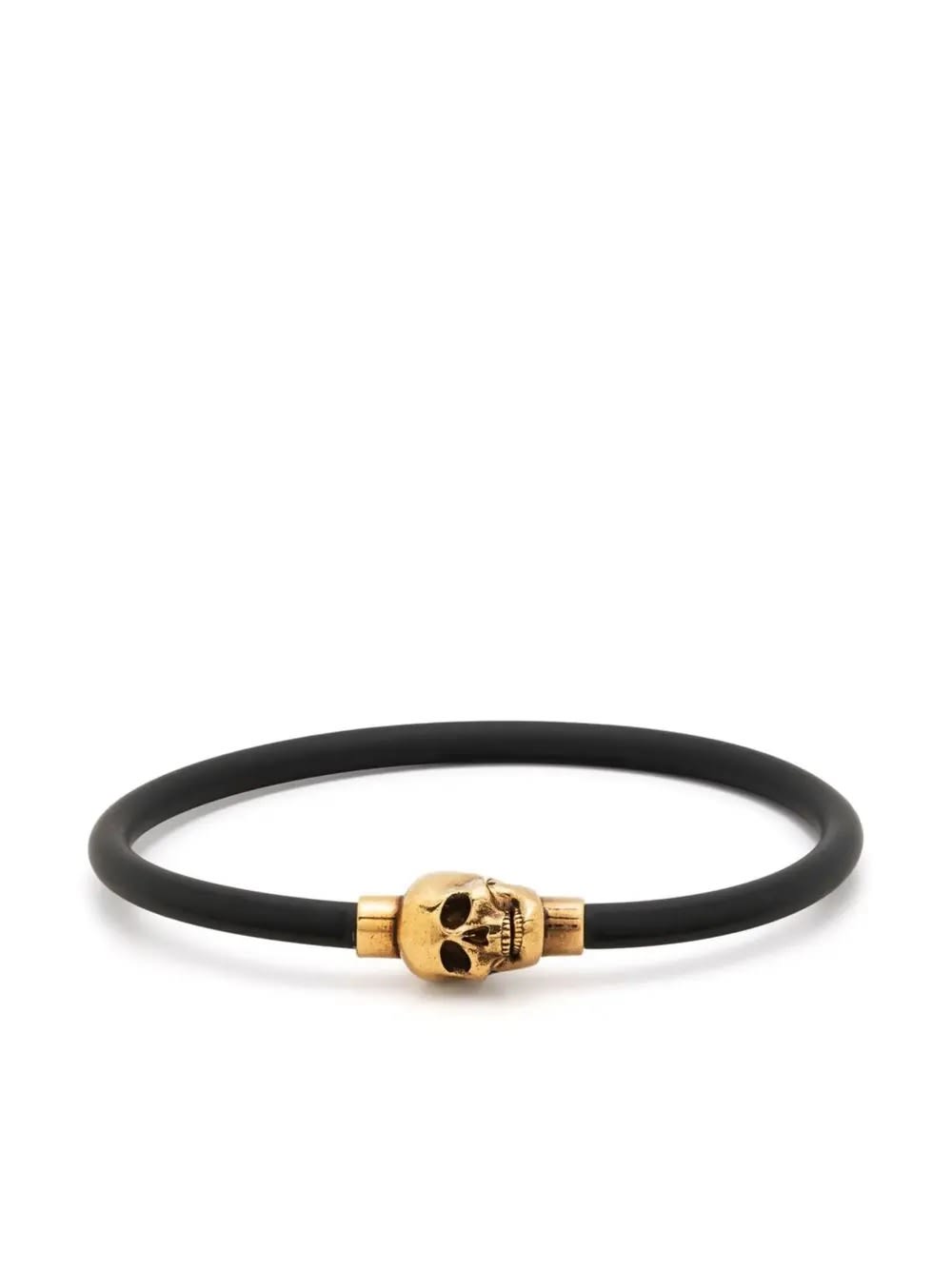 Shop Alexander Mcqueen Rubber Skull Bracelet In Black And Gold