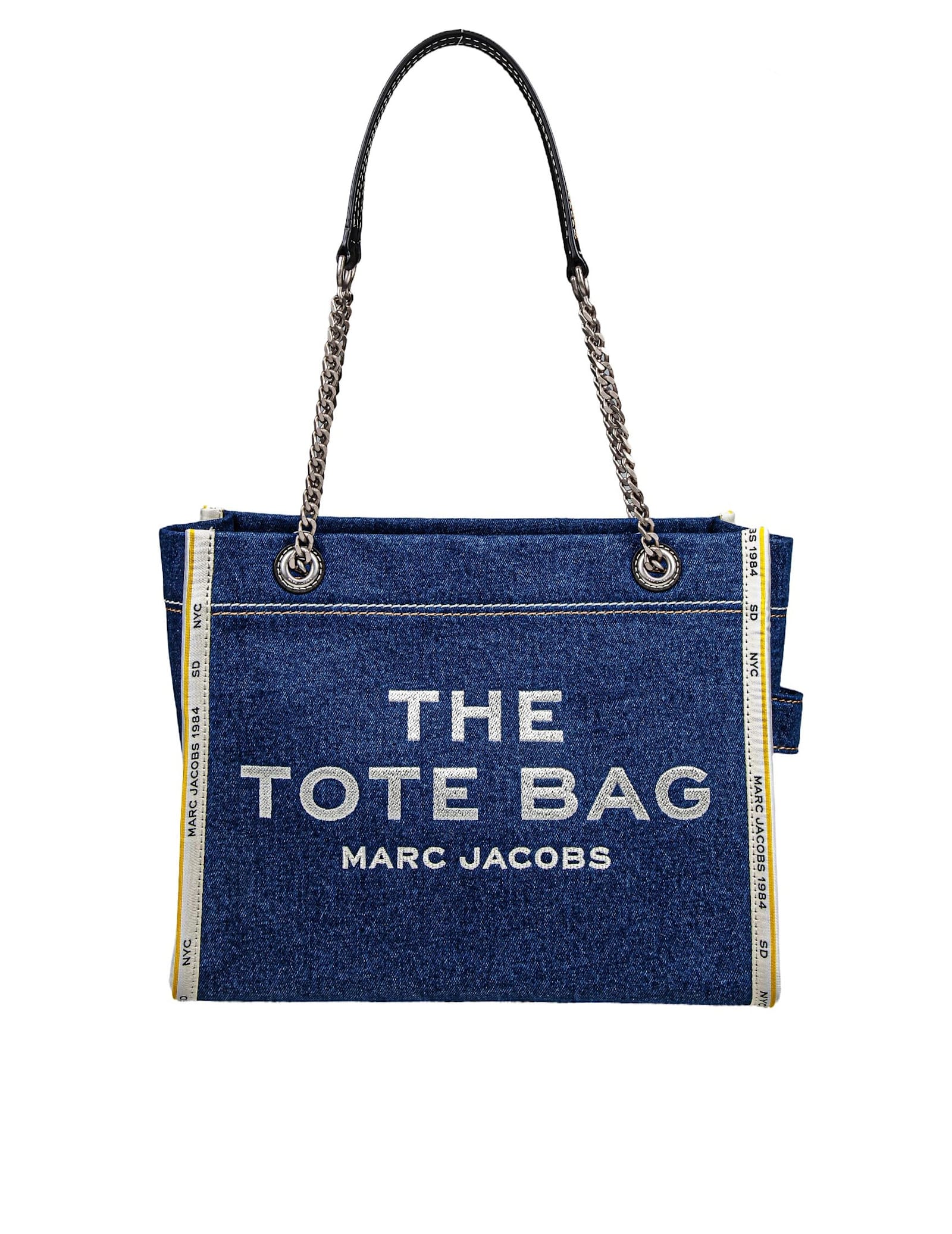 Shop Marc Jacobs The Medium Tote In Blue Denim With Embroidered Logo