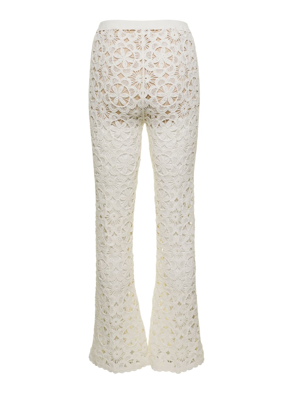 Shop Twinset White Flared Pants With Crochet Work In Cotton Woman