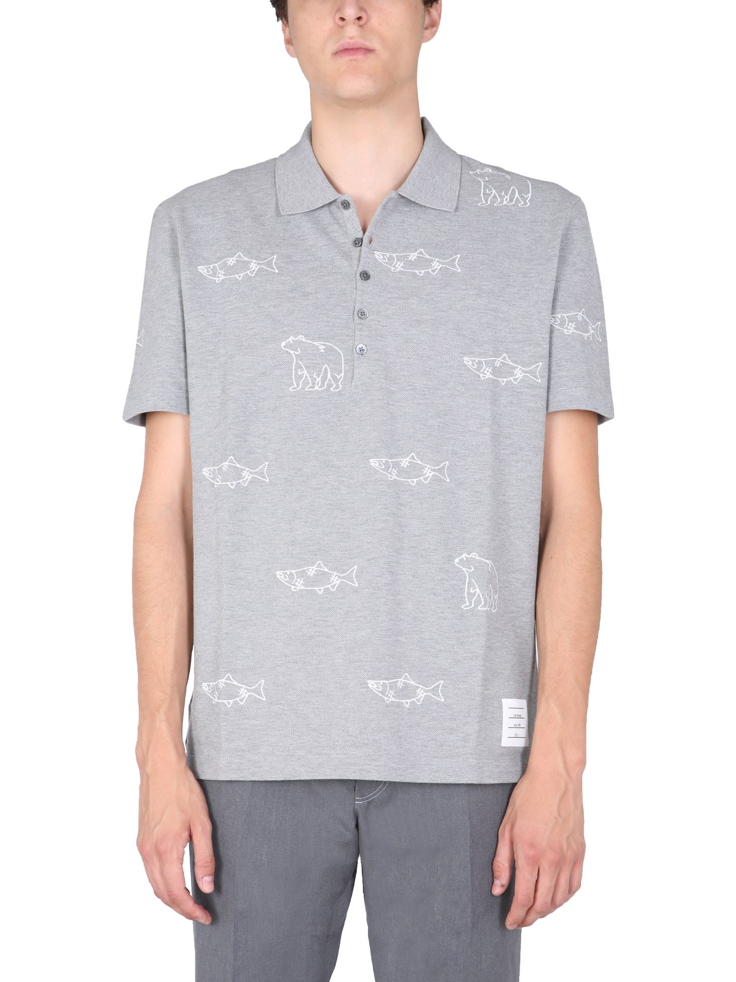 Thom Browne Polo Shirt With Salmon And All Over Embroidered Bear