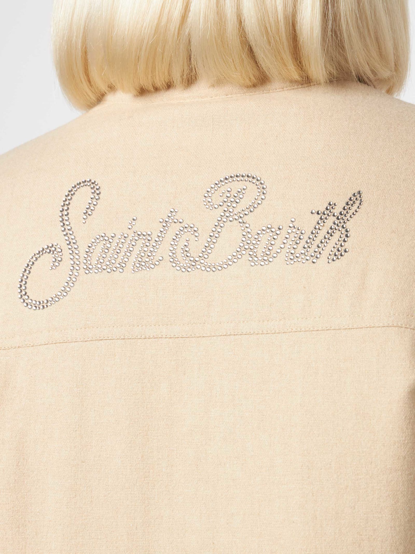 Mc2 Saint Barth Woman Wooly Jacket With Saint Barth Rhinestones Print In Brown