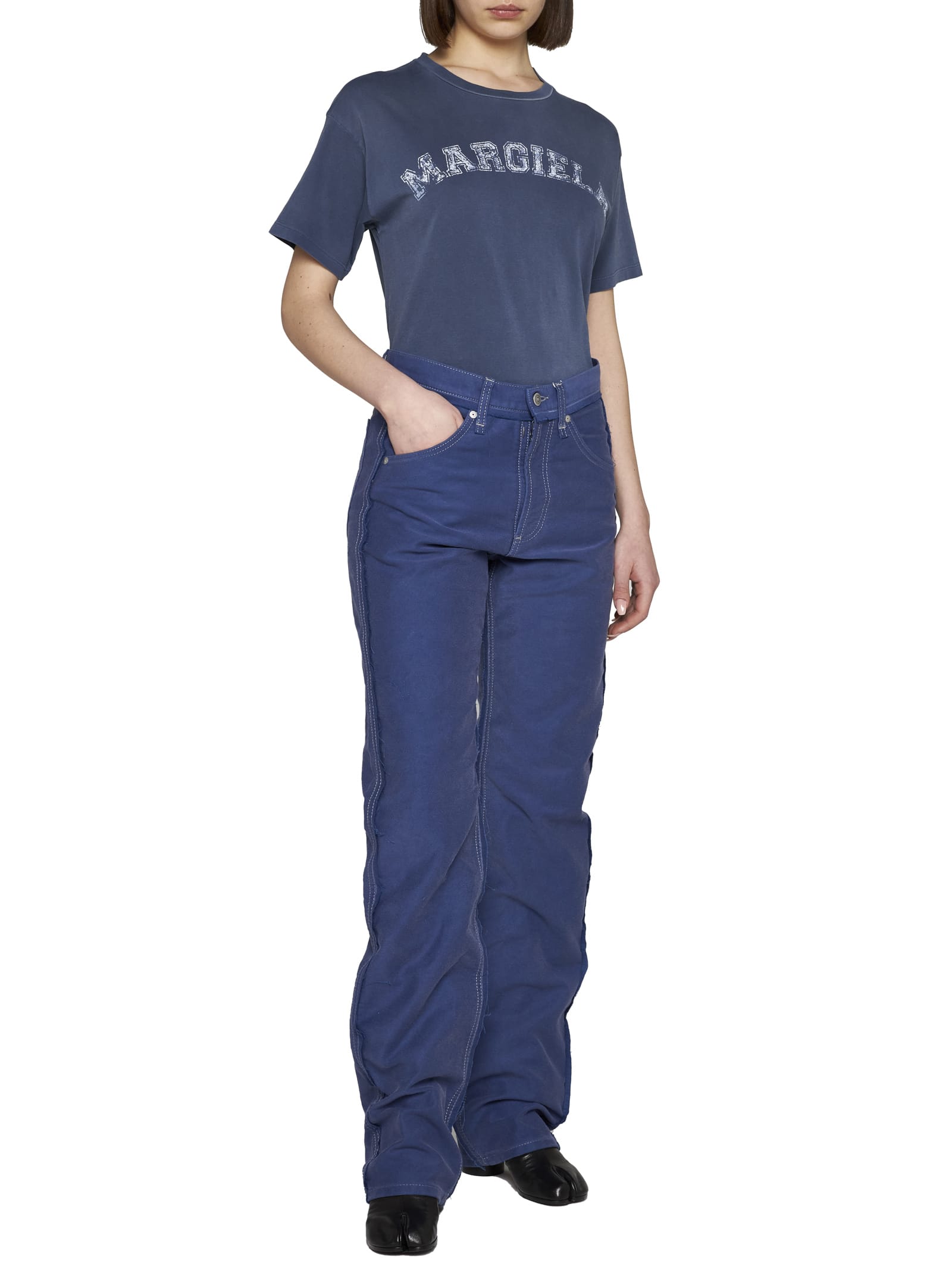 Maison Margiela Blue Crewneck T-shirt With Logo Lettering Print In Cotton Woman In 469