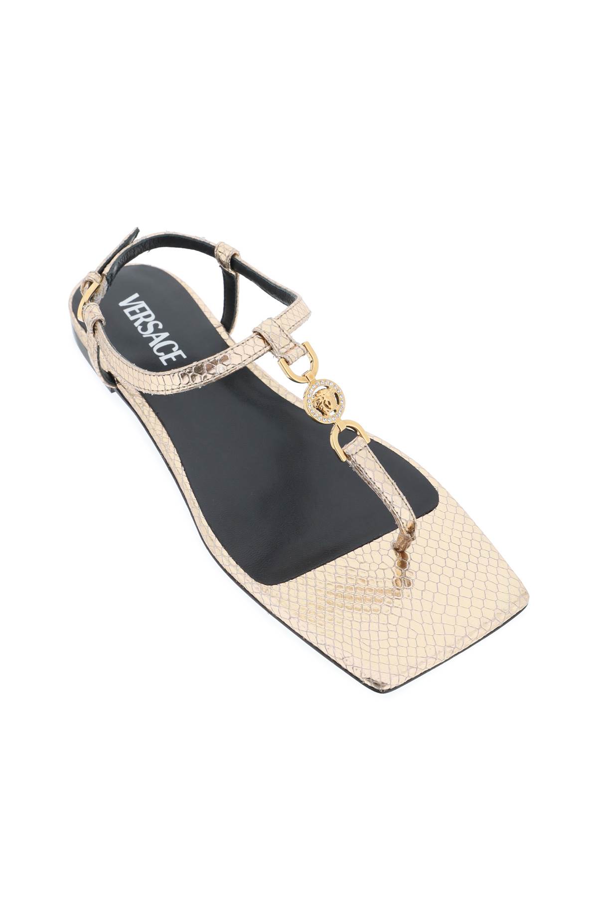 Versace Square-headed Flat Sandals In Champagne Gold (gold)