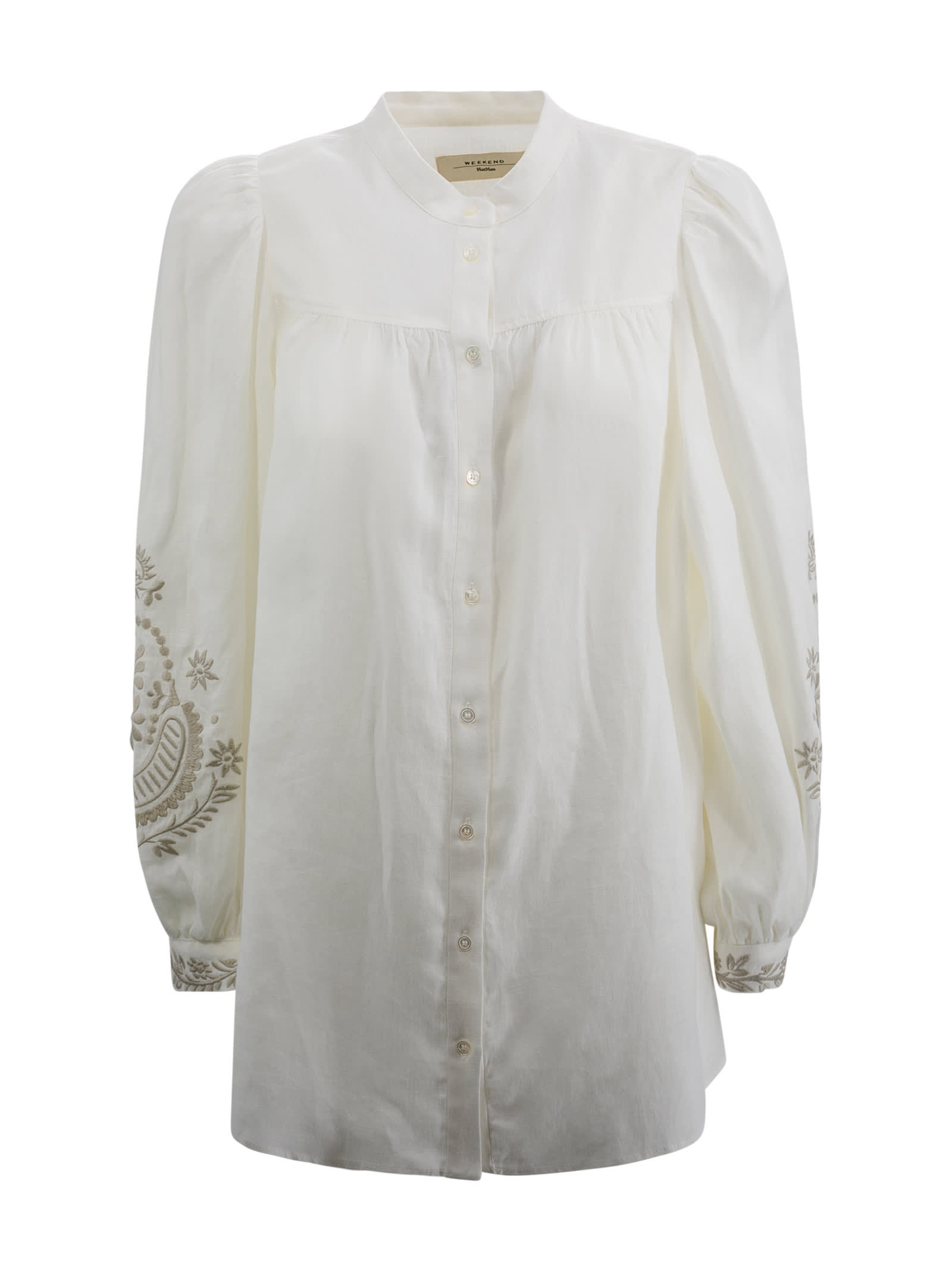 Shop Weekend Max Mara Linen Canvas Shirt With Embroidery In Beige