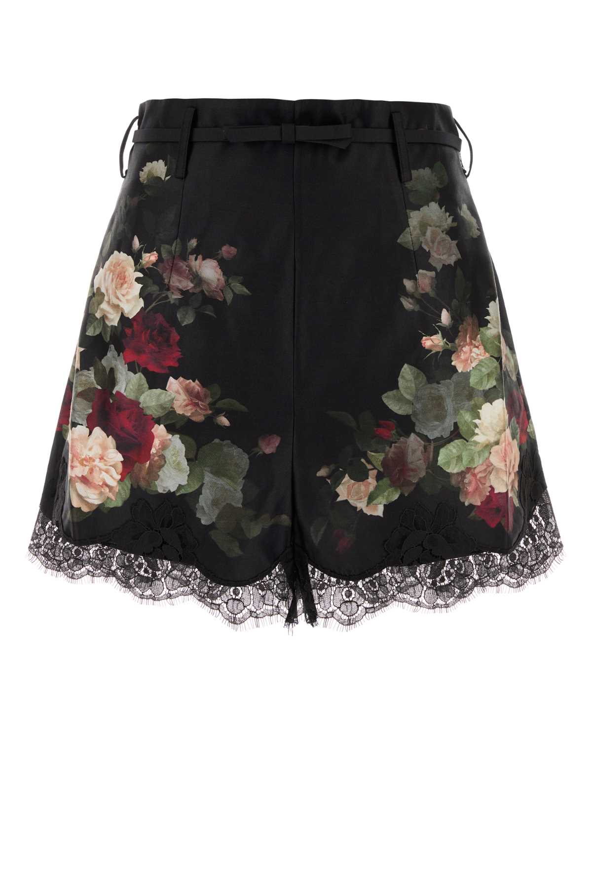 Zimmermann Belted Lace-trimmed Floral-print Silk And Cotton-blend Twill Shorts In Black
