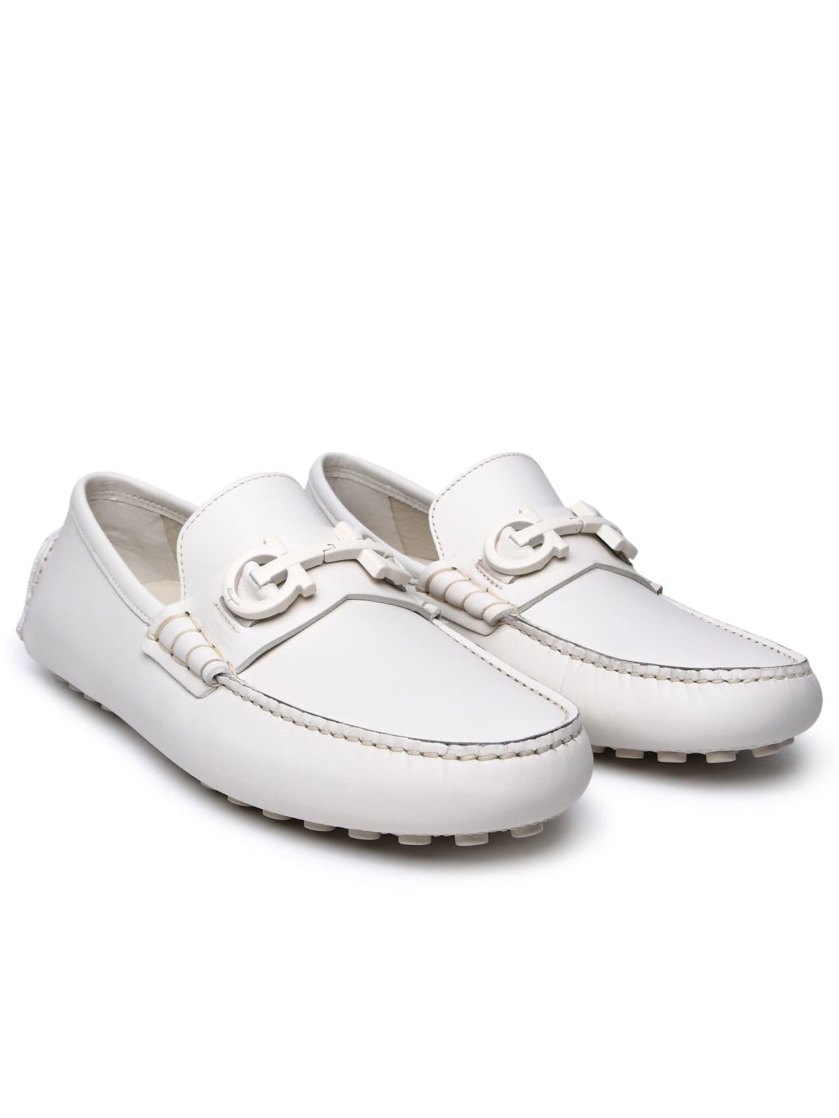 Shop Ferragamo White Leather Loafers In Ivory