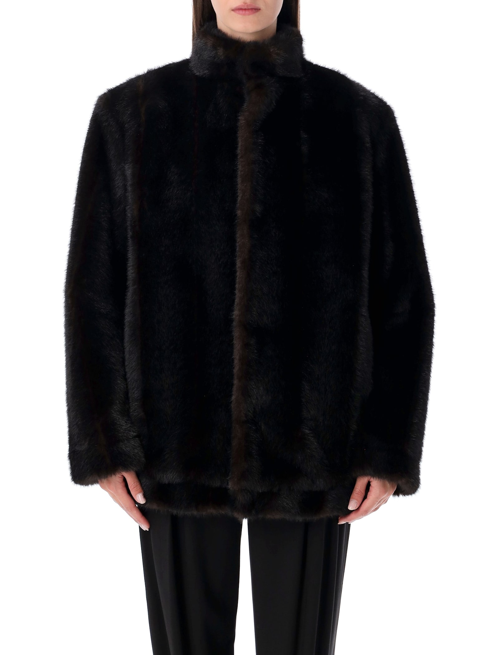 Mm6 Maison Margiela Plush Black Faux Fur Jacket With High Collar And Relaxed Fit In Brown