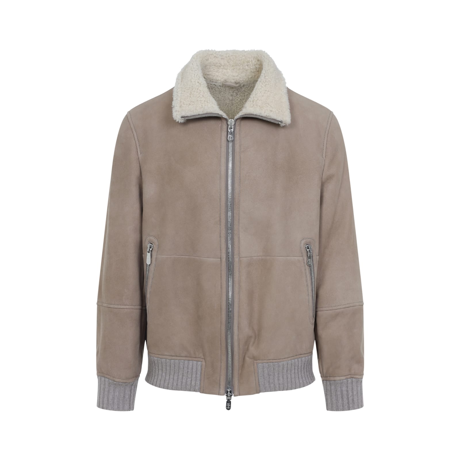 Brunello Cucinelli Shearling-collared Taupe Jacket In Brown
