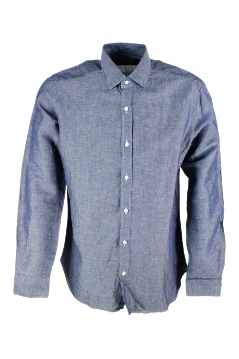 Dandy Life Shirt In Denim Color Linen And Cotton