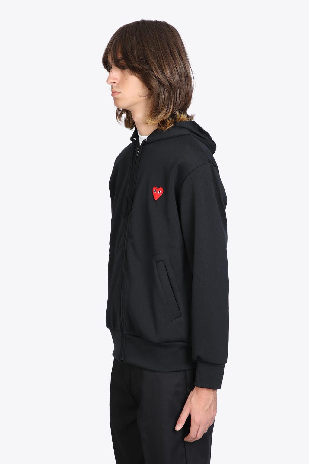 Shop Comme Des Garçons Play Mens Sweatshirt Knit Black Zip-up Hoodie With Red Heart Patch.