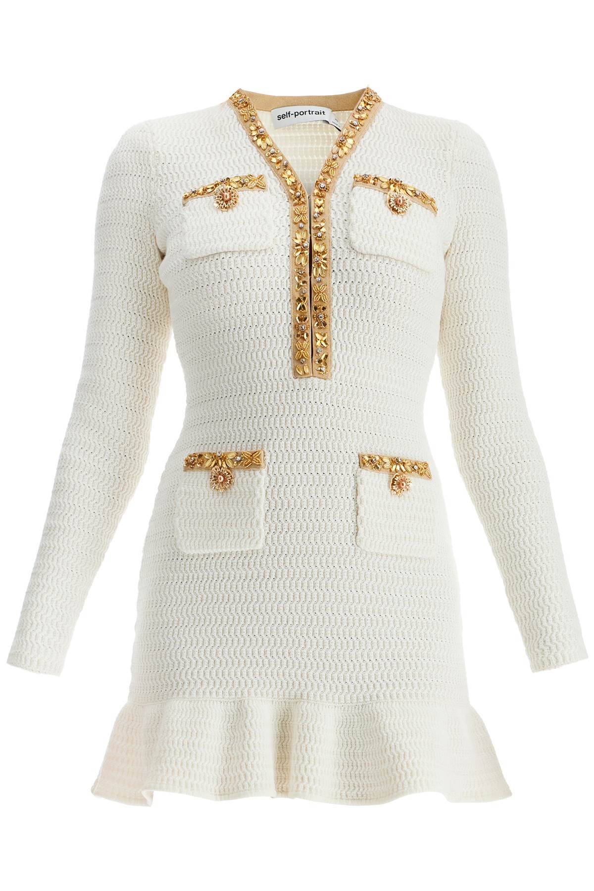 Shop Self-portrait Lurex Knit Mini Dress In Cream (white)