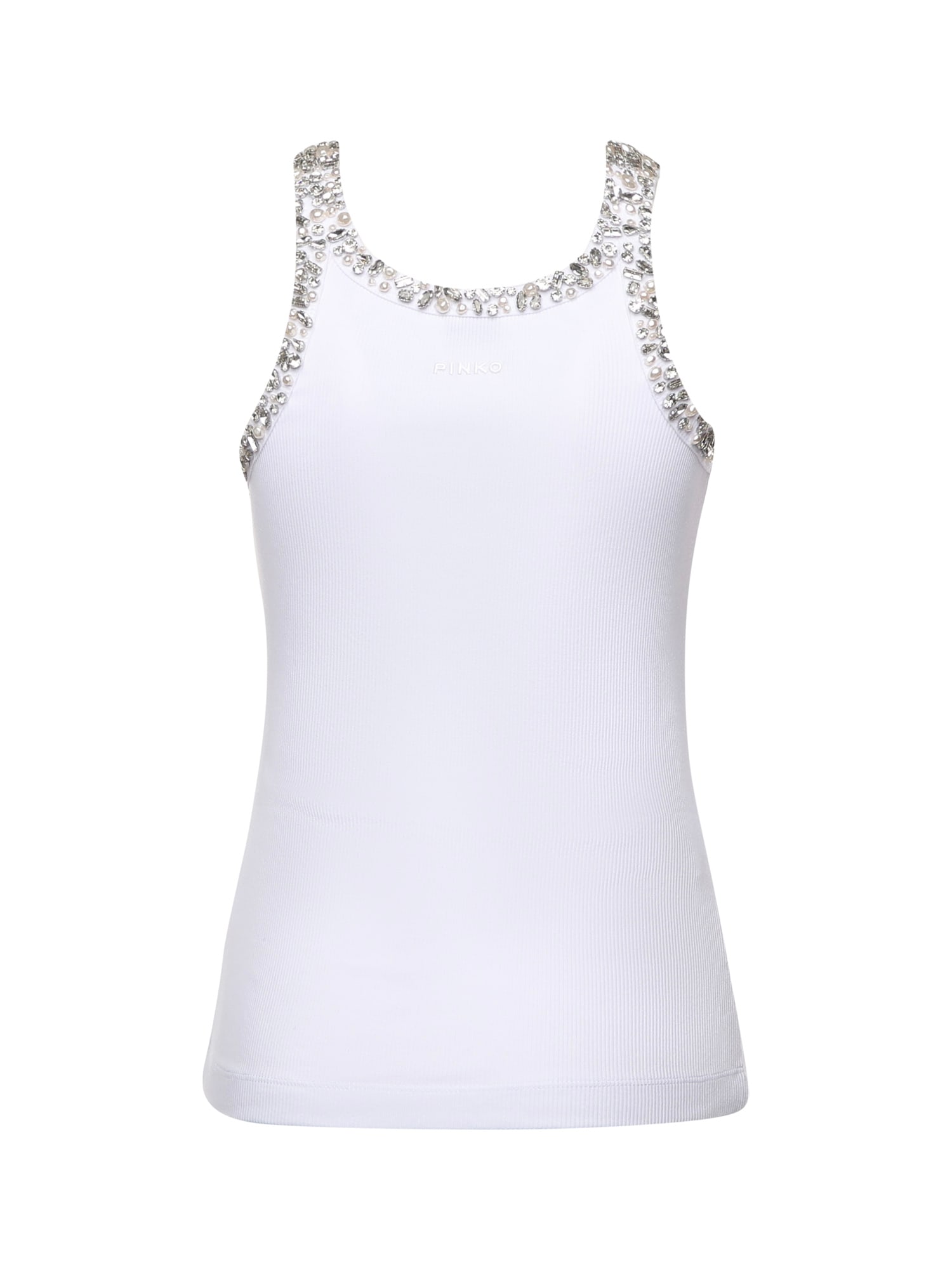 Pinko Ribbed Top With Bejewelled Embellishment In White